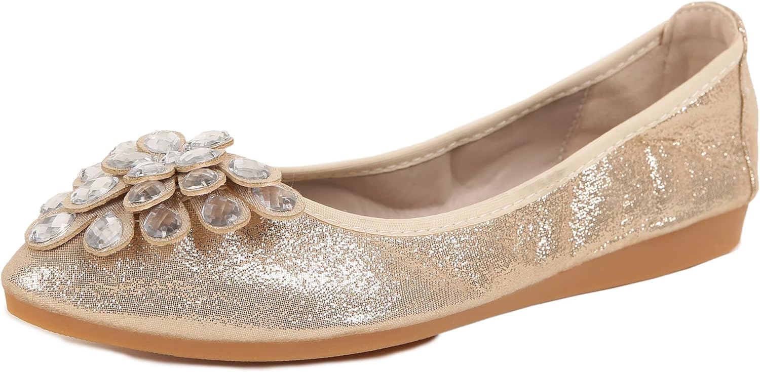 Flats Shoes for Women Rhinestone Wedding Ballerina Shoes Foldable Sparkly Comfort Slip on Flat Dressy Flats