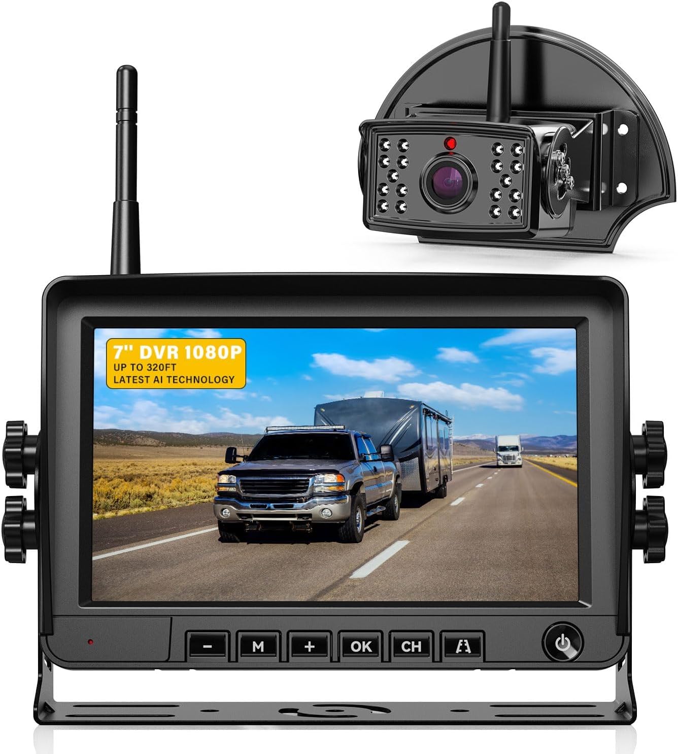 7" Wireless RV Backup Camera System with BSD Motion Detection: Pre-Wired for Furrion System 1080P DVR Recording IR Night Vision IP68 Waterproof Wireless Backup Camera for Truck,Pickup,Trailer,Cars