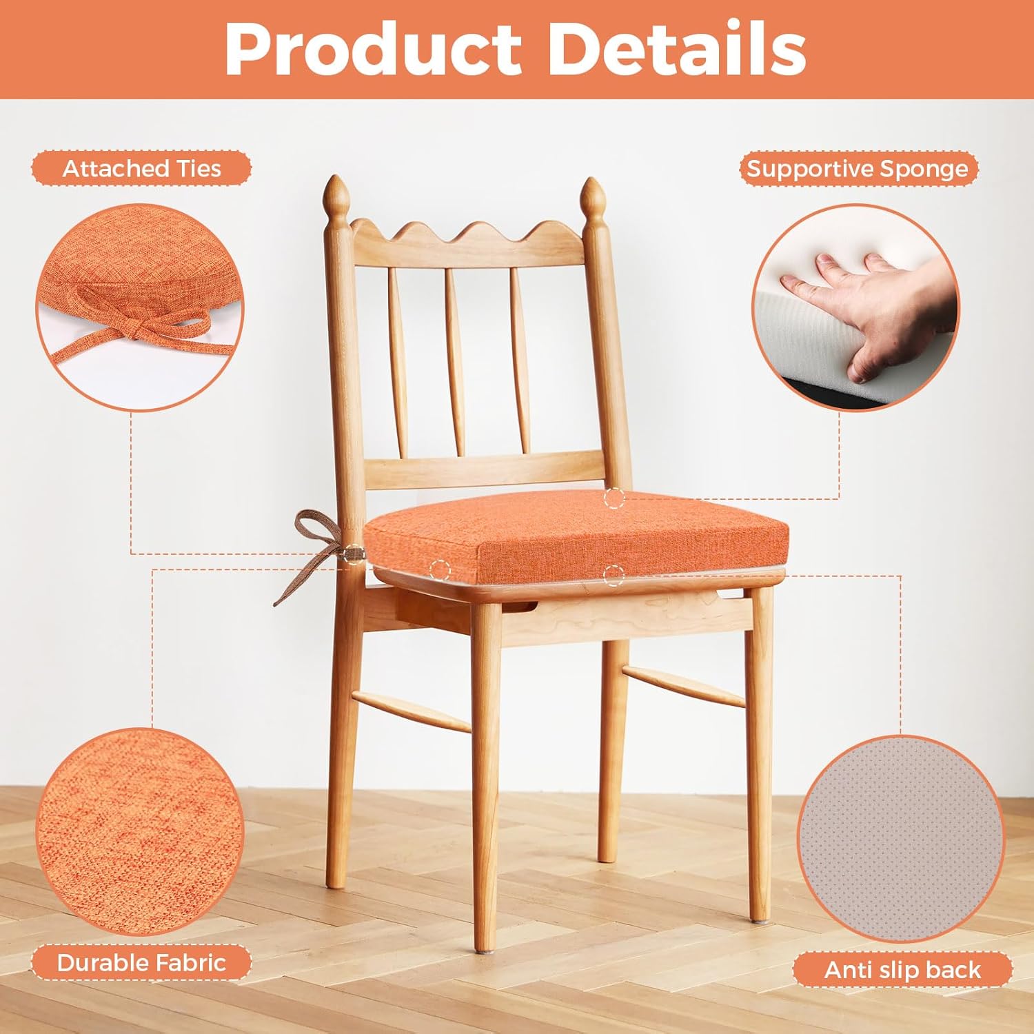 d-shaped chair cushions, 2" thick dining chair pads machine-washable, seat cushions for chair 16" x 16", set of 4 chairpad-orange orange 16*16*2-4pc