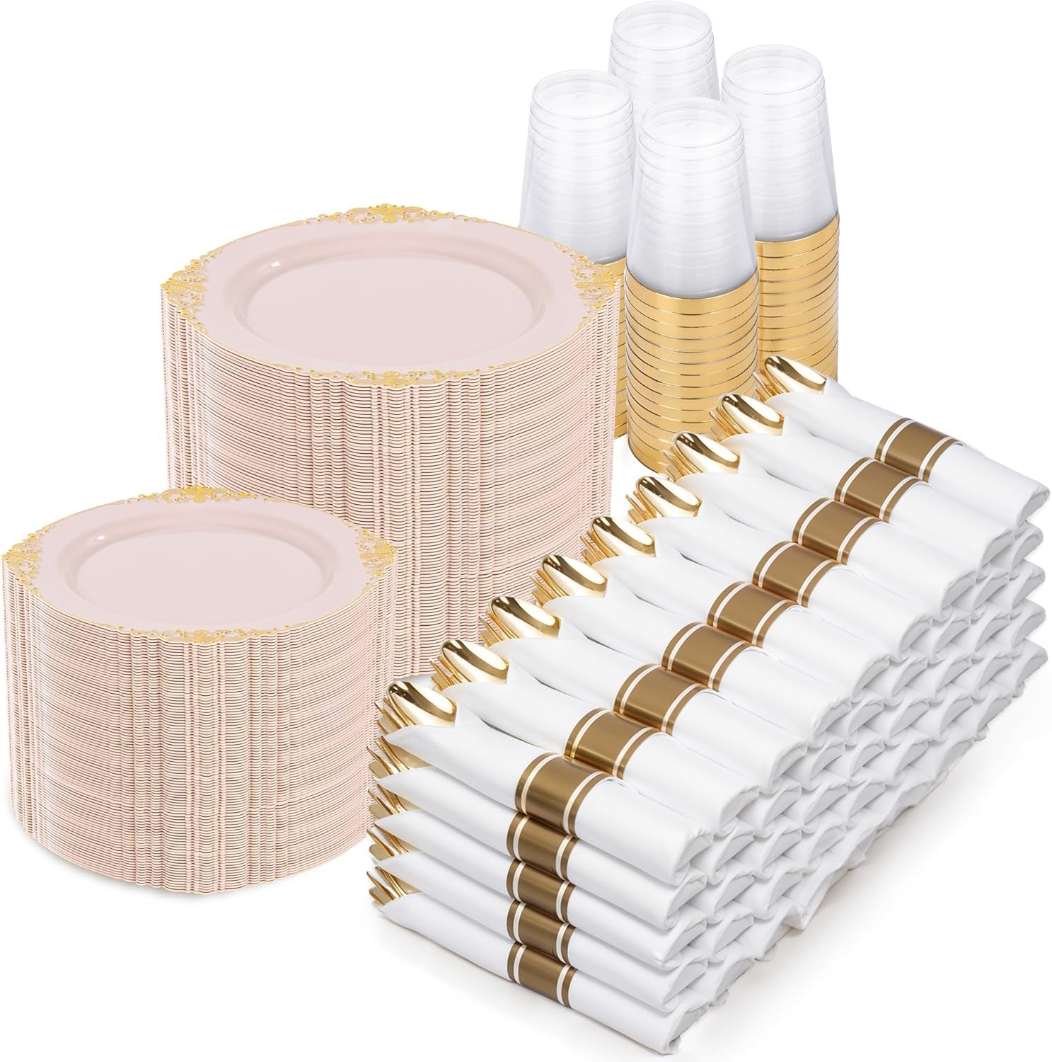 Photo 1 of Nervure 700PCS Pink Gold Plastic Plates - Pink Plastic Dinnerware Sets for 100 Guests - 200 Disposable Plates, 300 Silverware, 100 Cups, 100 Napkins for Wedding, Party