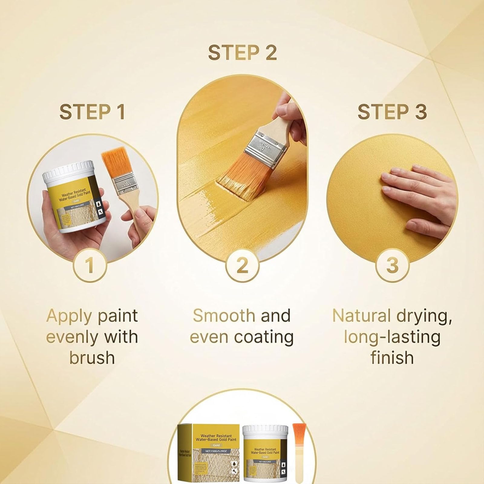 Pintura dorada a base de agua resistente a la intemperie150 g, pintura de hoja de oro brillante a base de agua, pinturas metálicas acrílicas antiguas impermeables, pinturas artesanales (3Pcs)