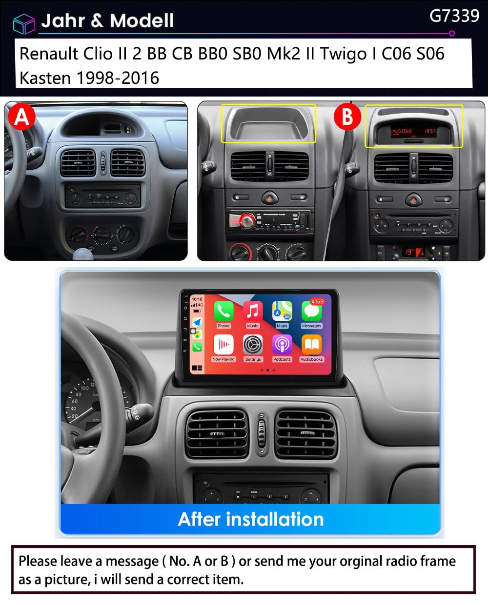 Radio samochodowe Bluetooth z ekranem, 9" ekran dotykowy, radio samochodowe z bezprzewodowym CarPlay Android Auto do Renault Clio II 2 BB CB BB0 SB0 Mk2 II Twigo I C06 S06 furgon 1998-2016, 4G + 64G