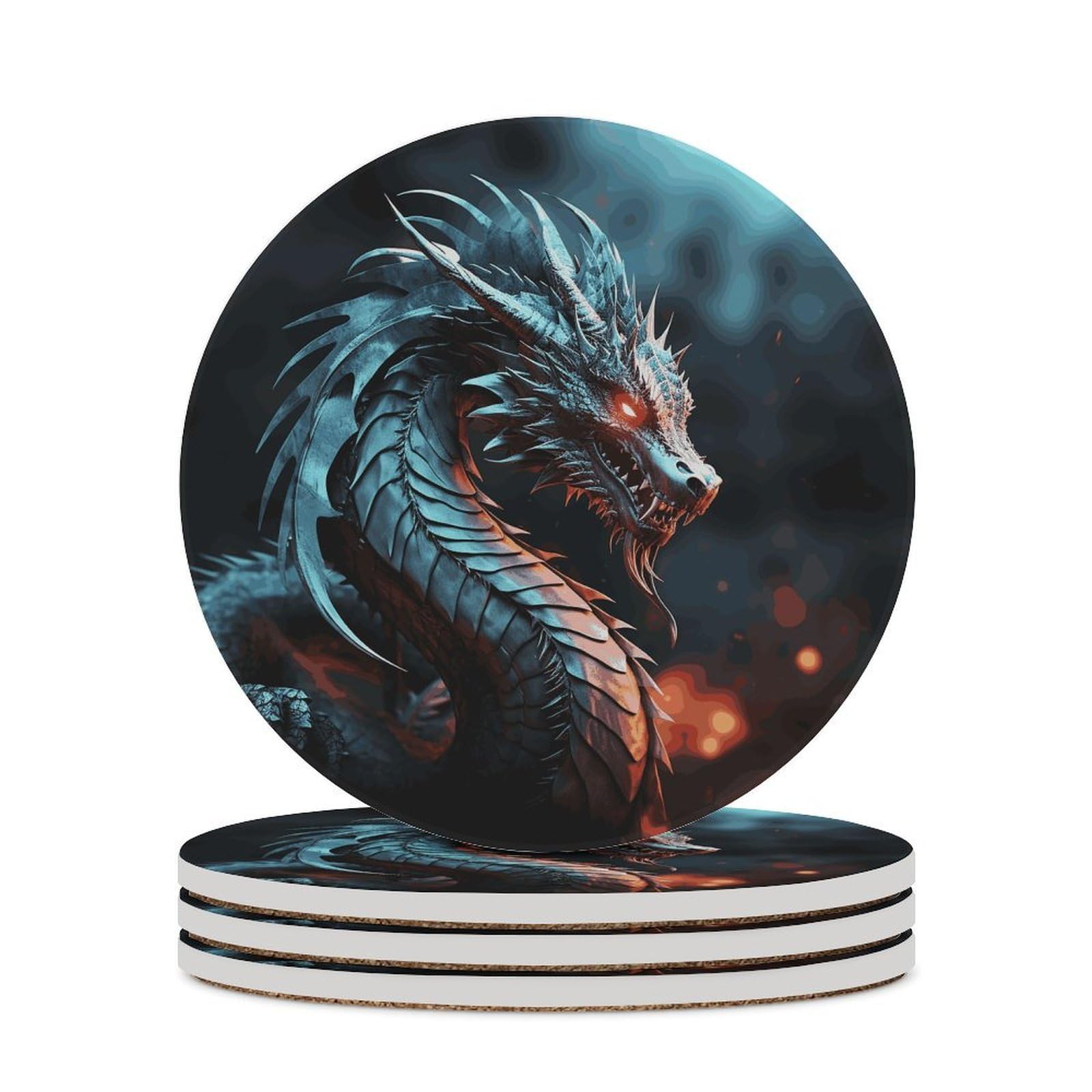 Dragon Coasters for Drinks Absorbing Round Ceramic Stone Coaster with Cork Base Coffee Cup Beverage Table Cup Mat Modern Style Bar Coaster Set for Home Decor