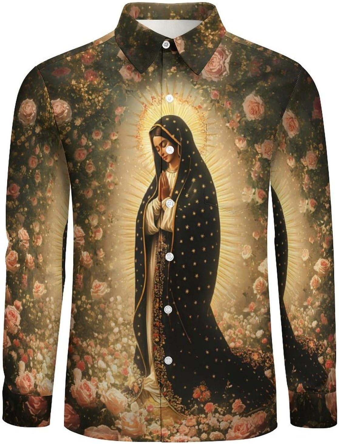 Our Lady of Guadalupees Body Portrait Roses Long Sleeve Shirts Casual Dress Shirt Button-down T-shirts for Men