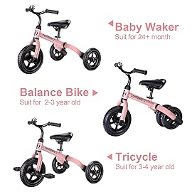 YGJT 3 in 1 Tricycle for Toddlers Age 2-5 Years Old, Folding Kids Balance Bike with Adjustable Seat and Removable Pedal, Toddler Bike Ride-on Toys for Infant, Gifts for Baby Girls Birthday(Pink)