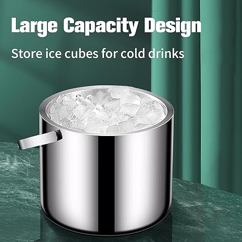 Miniatura 3 de Cubo de hielo con doble aislamiento de acero inoxidable 304 con tapa, colador, mantiene los cubos de hielo fríos y secos, cómoda asa de transporte