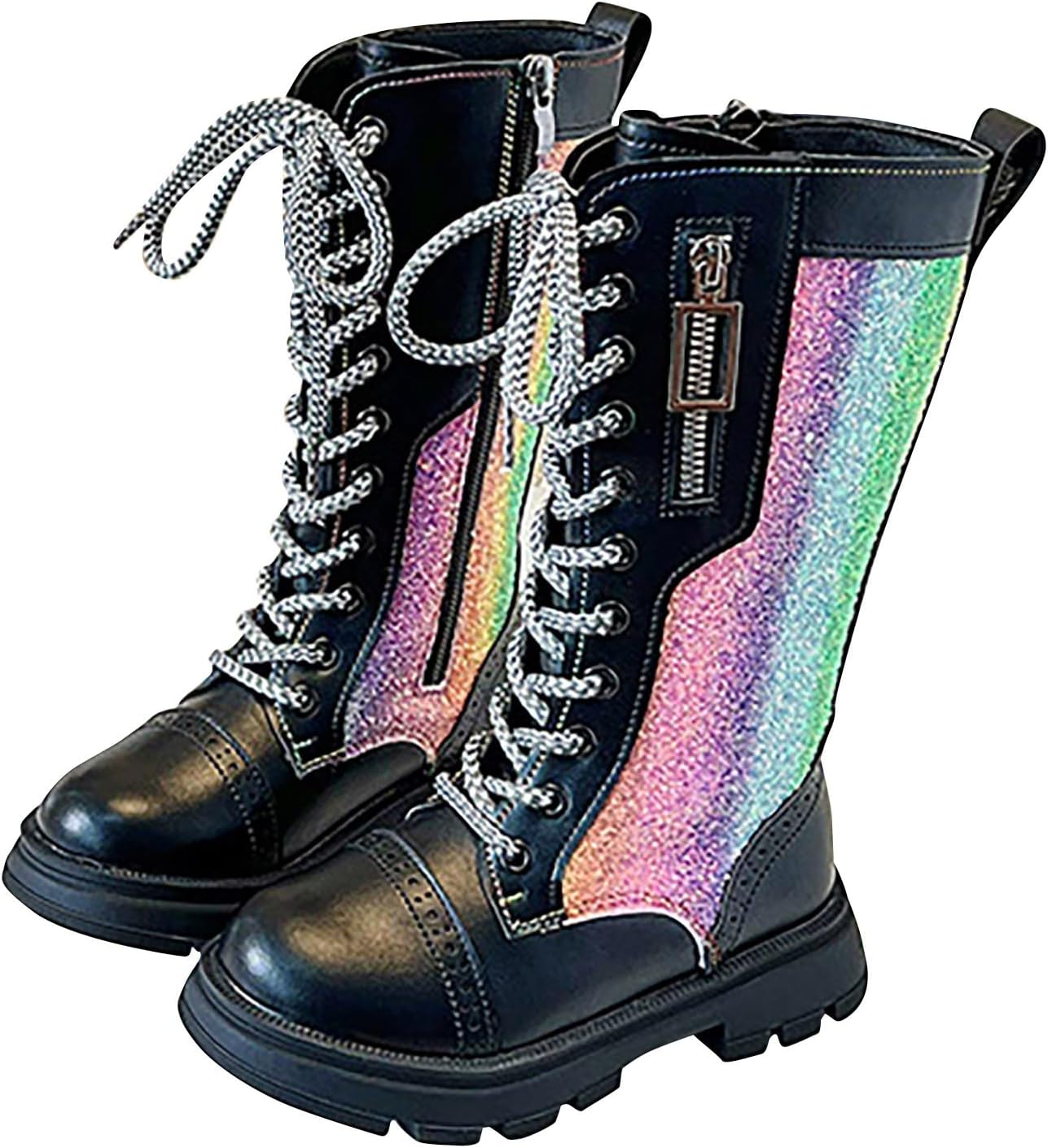 Girls Glitter Faux Leather Combat Boots with Side Zipper Fashion Lace Up Low Heel Mid Calf Riding Boot Shoes
