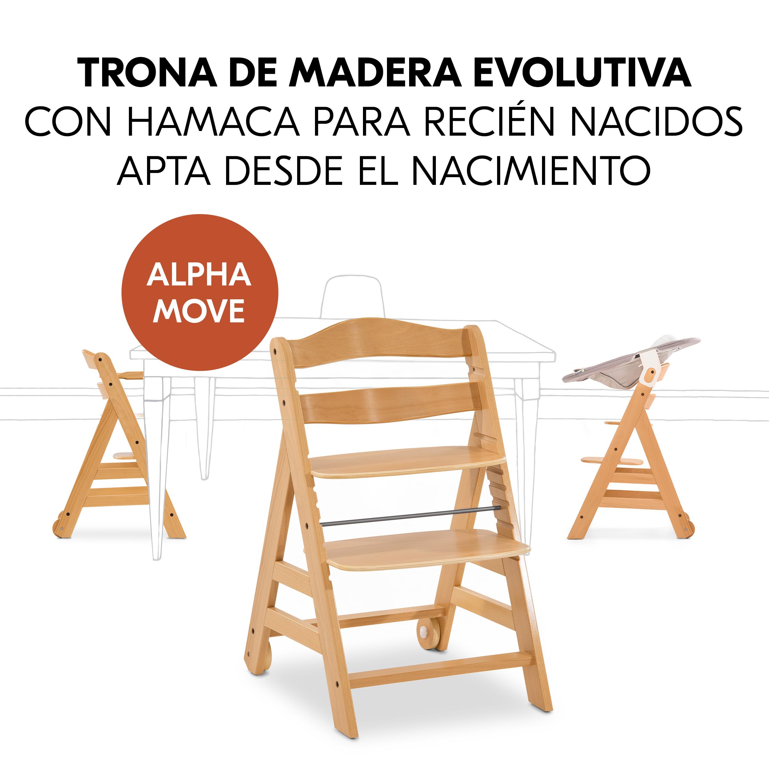 hauck Alpha Move Newborn Set deTrona Evolutiva Bebe, Tronas de Bebe Evolutiva con Hamaca Bebé Recien Nacido, Cojín y Bandeja, Trona Niño Regulable - Natur/Stretch Beige