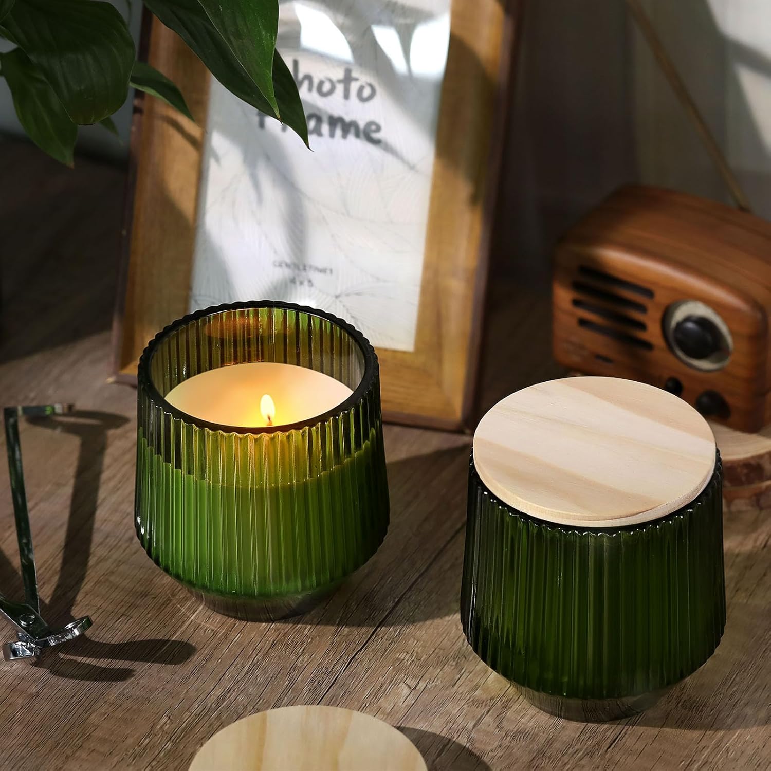 simeitol 13 OZ Candle Jar for Making Candles - 6 Pack Green Candle Jars, Ribbed Glass Candle Jars Bulk, with Bamboo Lids and Candle Wick Kit, Candle Making Kit for Making Candle Containers