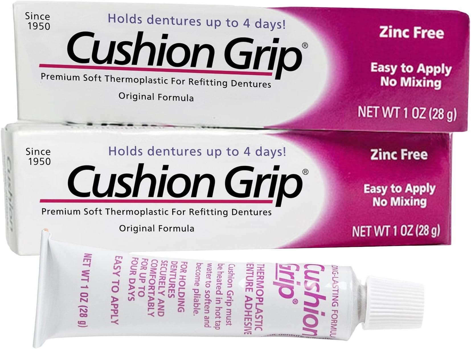 Cushion Grip Thermoplastic Denture Adhesive – Refits & Tightens Dentures, Works Like a Denture Reliner for a Long-Lasting, Secure Fit, Cushions Gums, Waterproof & Zinc-Free - 1 oz (Pack of 2)