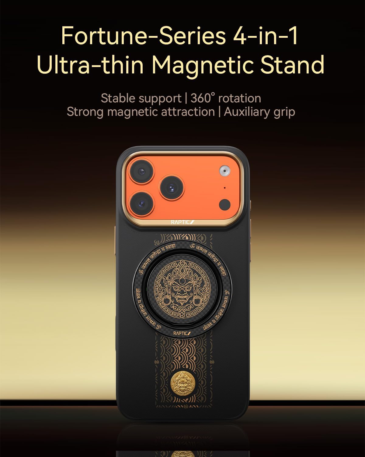 RAPTIC Aramid Fiber Phone Grip for MagSafe with 360° Rotation, Ultra-Thin Zinc Alloy Yellow Dzambhala Design, Cell Phone Ring Holder & Kickstand, Compatible with iPhone 17-12 & Magnetic Cases