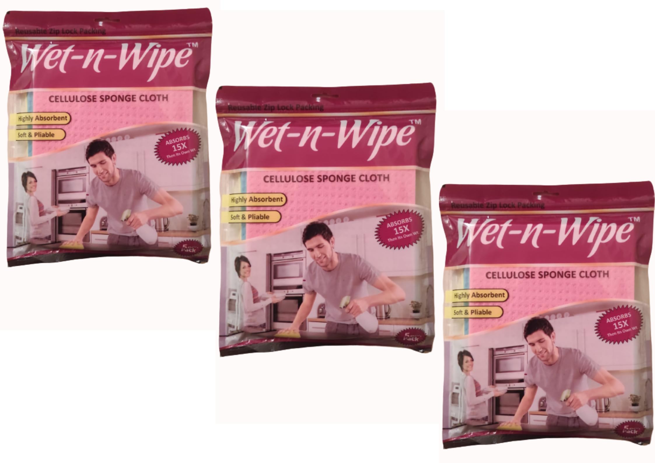 Cellulose Sponge Cloth Kitchen Wipes, Wet - n - Wipe, 3Pcs Pack (3 x 5Pcs = 15PCS), Multipurpose Sponge Cloth, Easy to use, Multi-Color