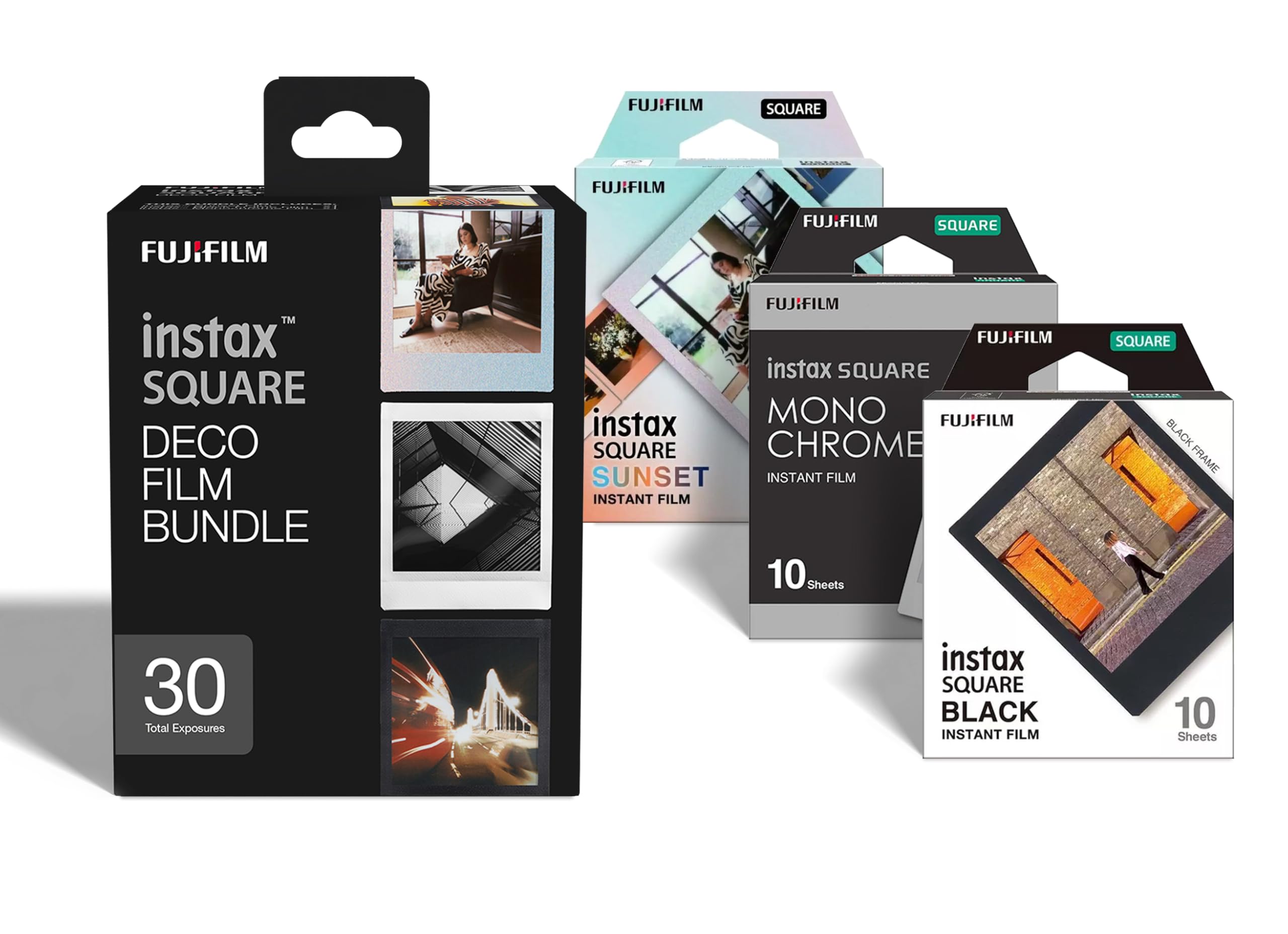 instax SQUARE DECO film bundle pellicole, 30 scatti, 3 pacchi da 10 scatti, motivo bordo Black, Sunset e pelicole Monchrome