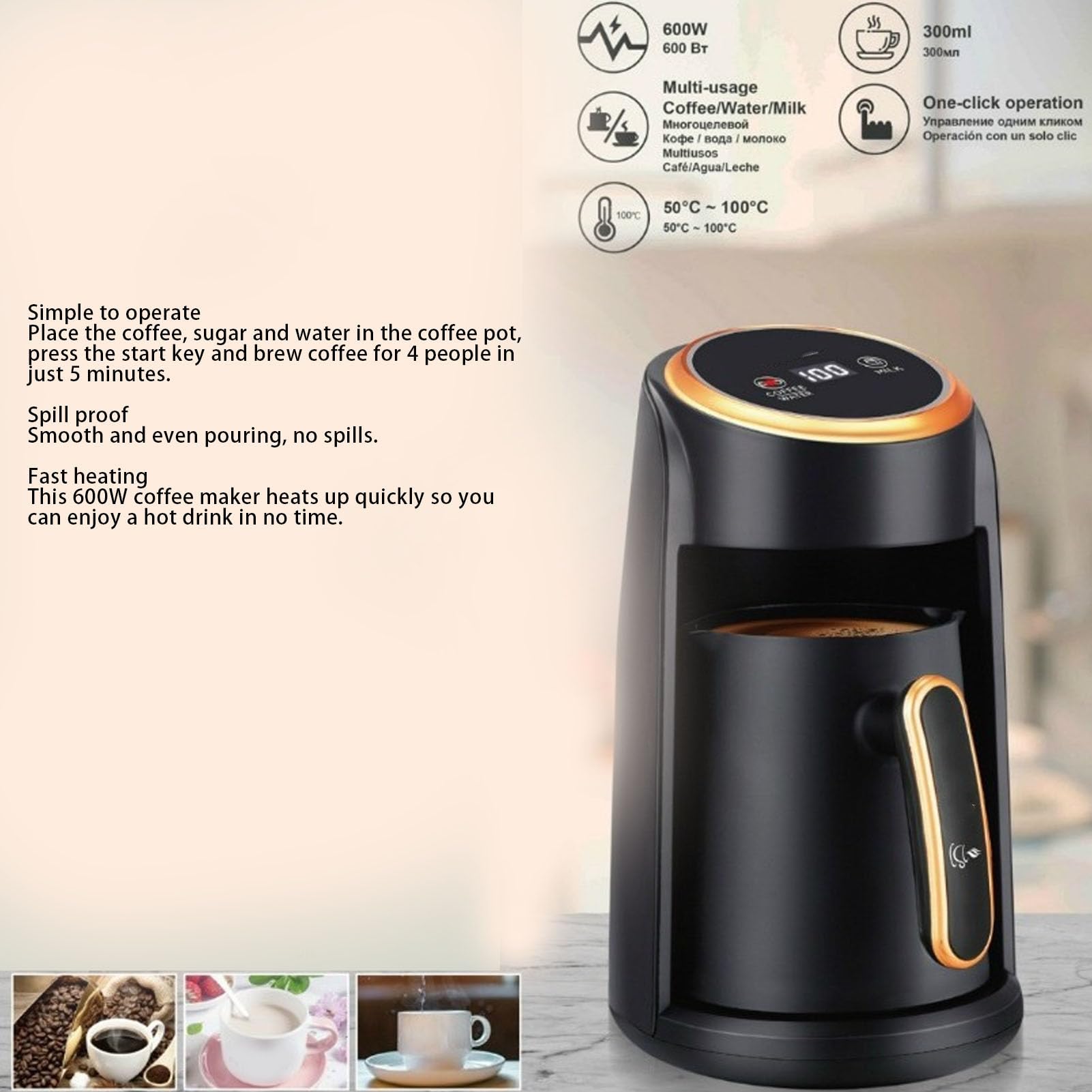 Goshyda Türkische Kaffeemaschine, 300 Ml 4 Tassen Kapazität, Türkische Kaffeemaschine Elektrische Kaffeekanne, 5 Minuten Schneller Geschmack