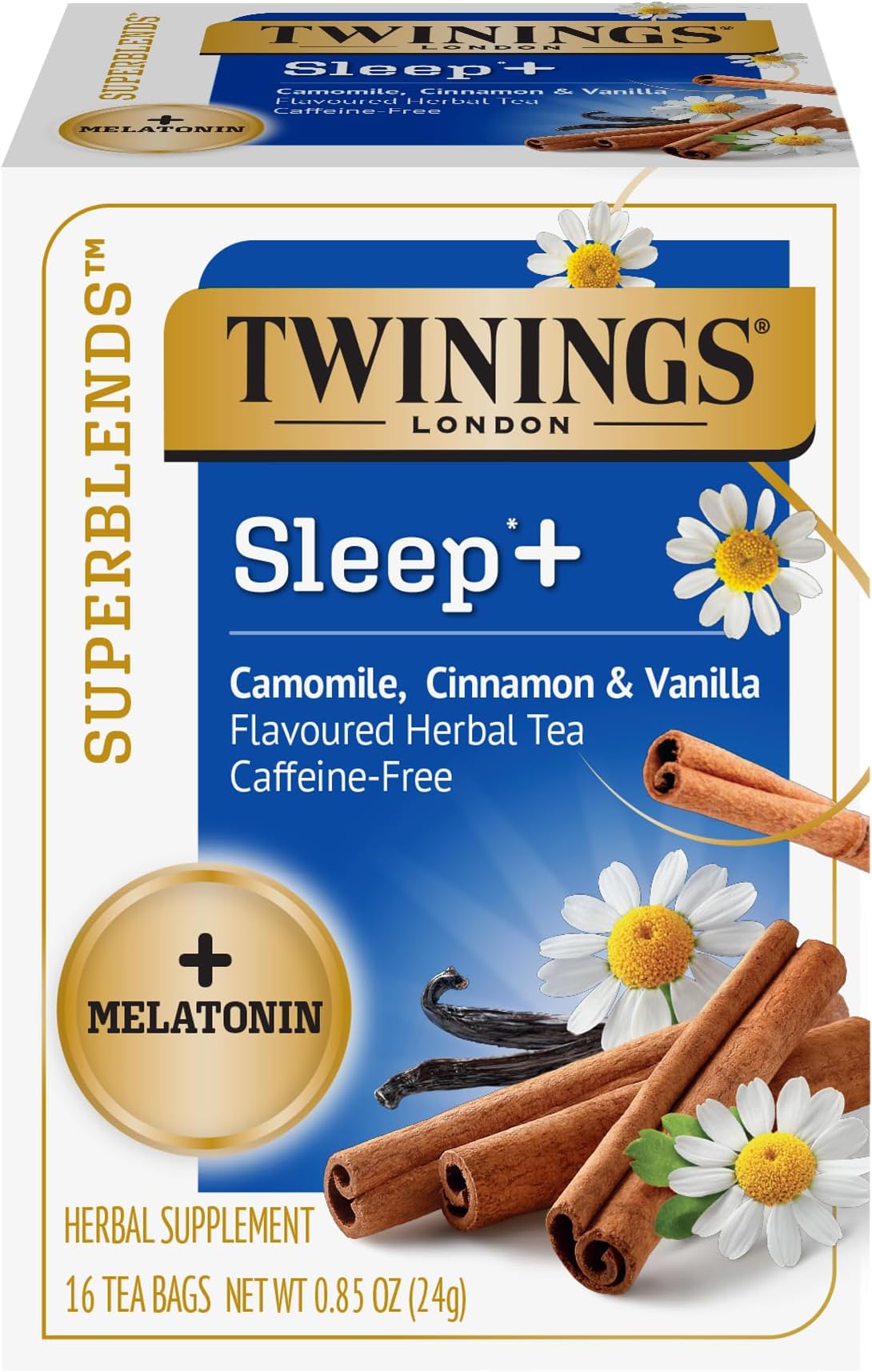 Superblends Sleep+ Herbal Tea with 1mg Melatonin Camomile, Cinnamon & Vanilla, Naturally Caffeine-Free, 16 Tea Bags (Pack of 1), Enjoy Hot or Iced
