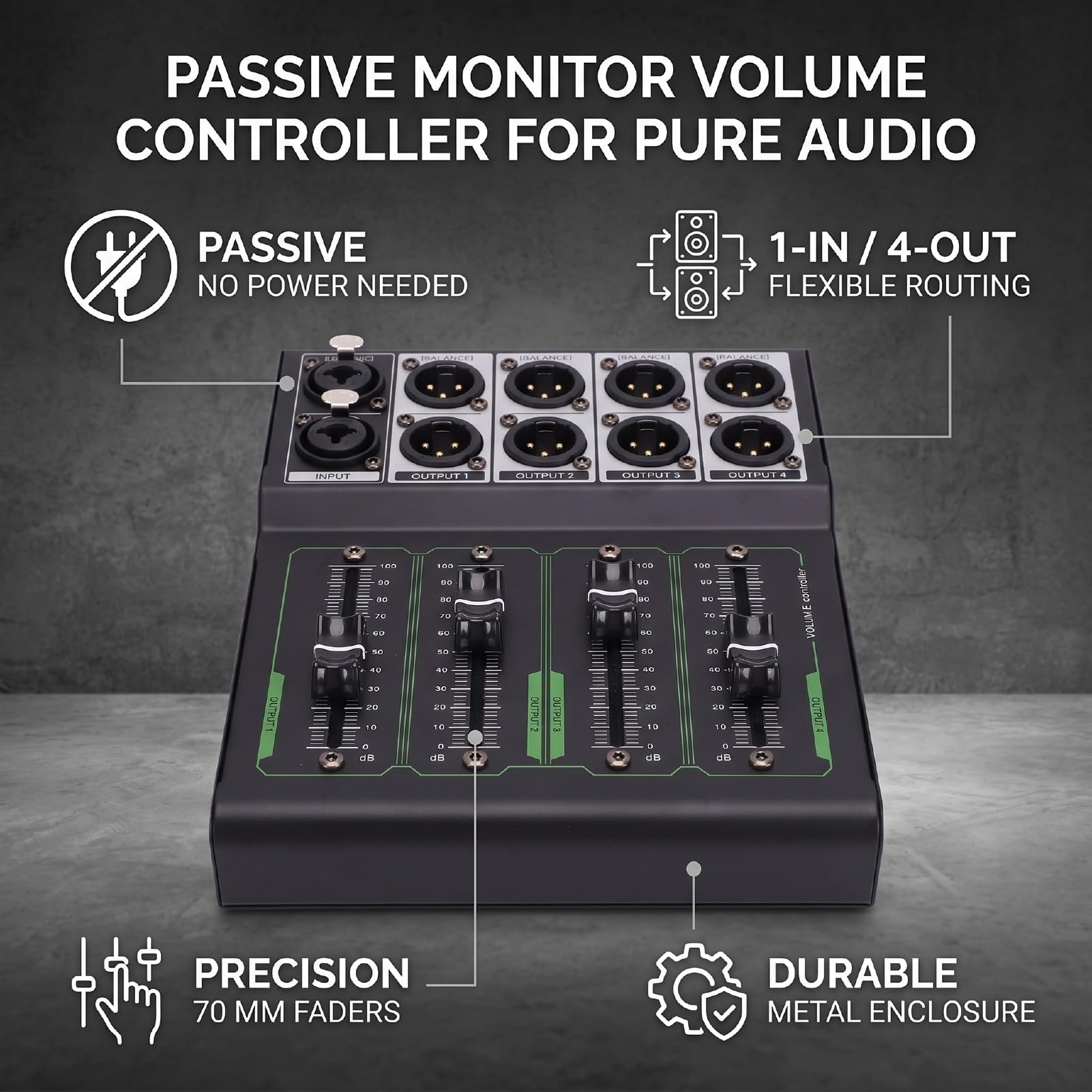 Bewinner Controller Volume Passivo Xlr per Mixer da Studio a 4 Canali | Corpo in metallo, fader da 70 mm, 1 ingresso 4 uscite, Home Theater, studio di registrazione