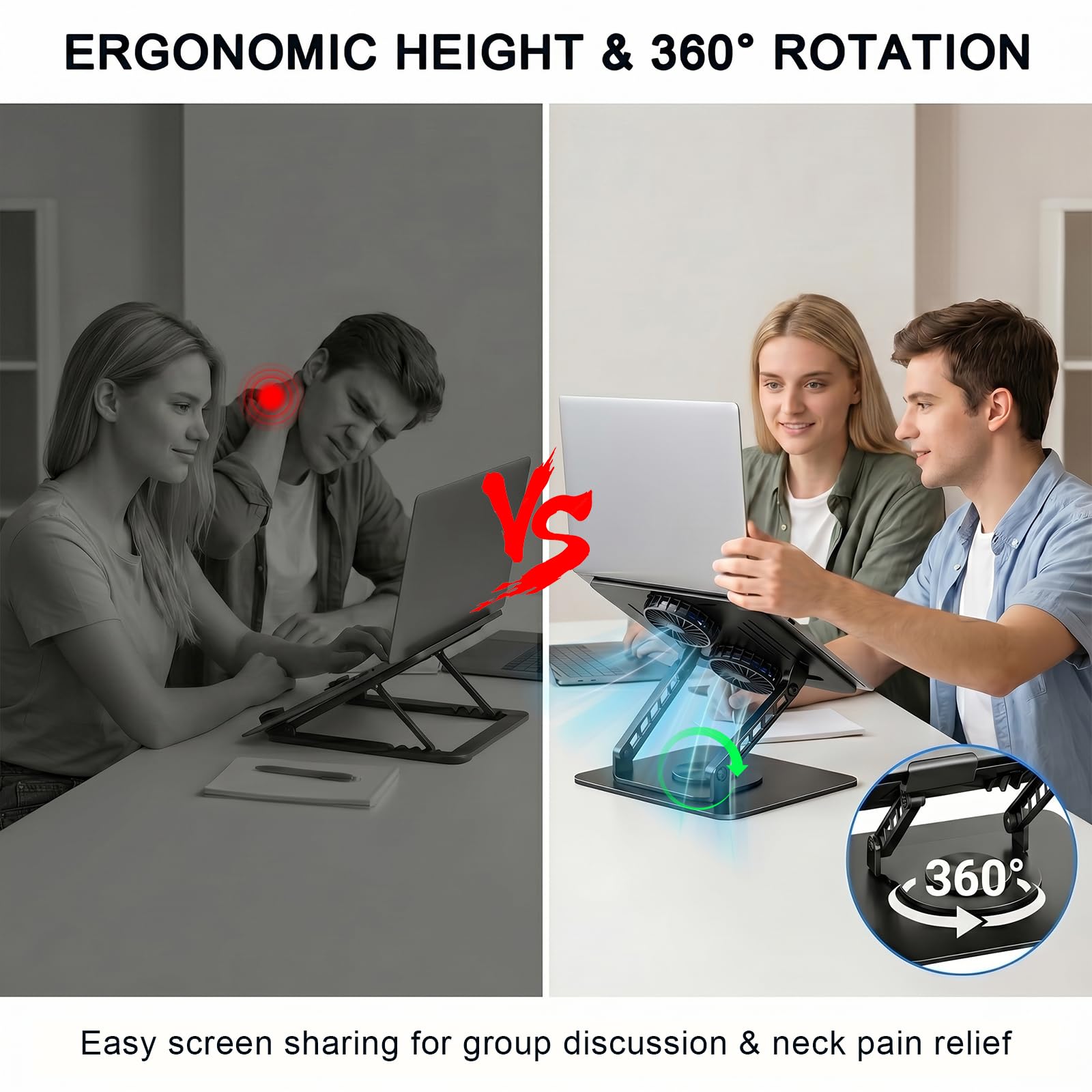 Soporte para portátil con ventilador de refrigeración, base giratoria de 360°, elevador de aluminio para laptop, soporte ergonómico plegable para computadora, altura ajustable y todos los