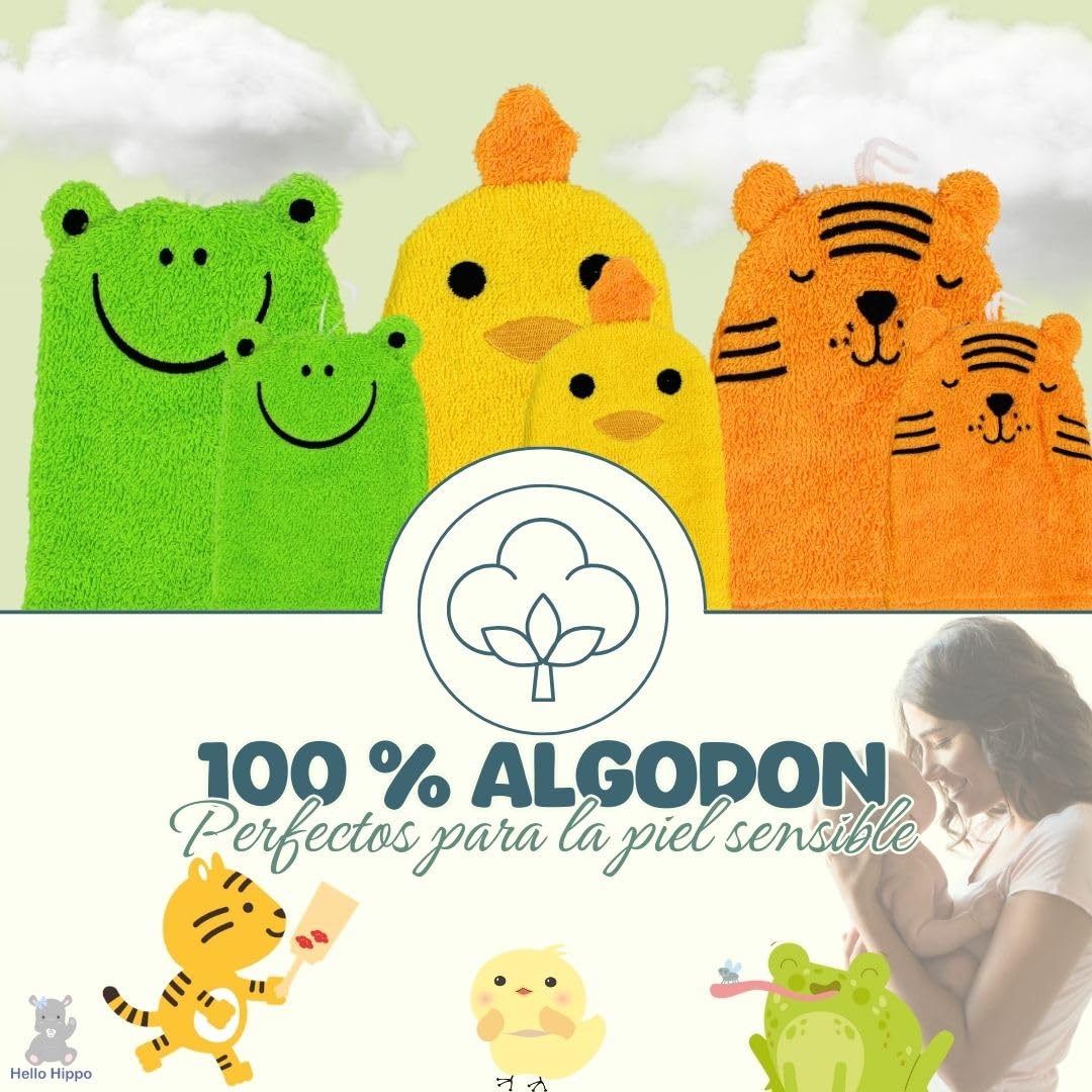Hello Hippo® Juego de 6 Manoplas de Baño Bebé – 3 para Padres + 3 para Niños – 100% Algodón Suave – Tigre, Pollito y Rana – Esponjas Bebé, Recién Nacido Lavables
