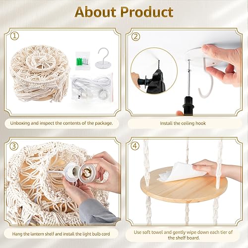 Miniatura 7 de ANROYE Estante de lámpara colgante de macramé de 3 niveles, estilo bohemio tejido esquinero, estantes para plantas con cable de enchufe, lámpara de