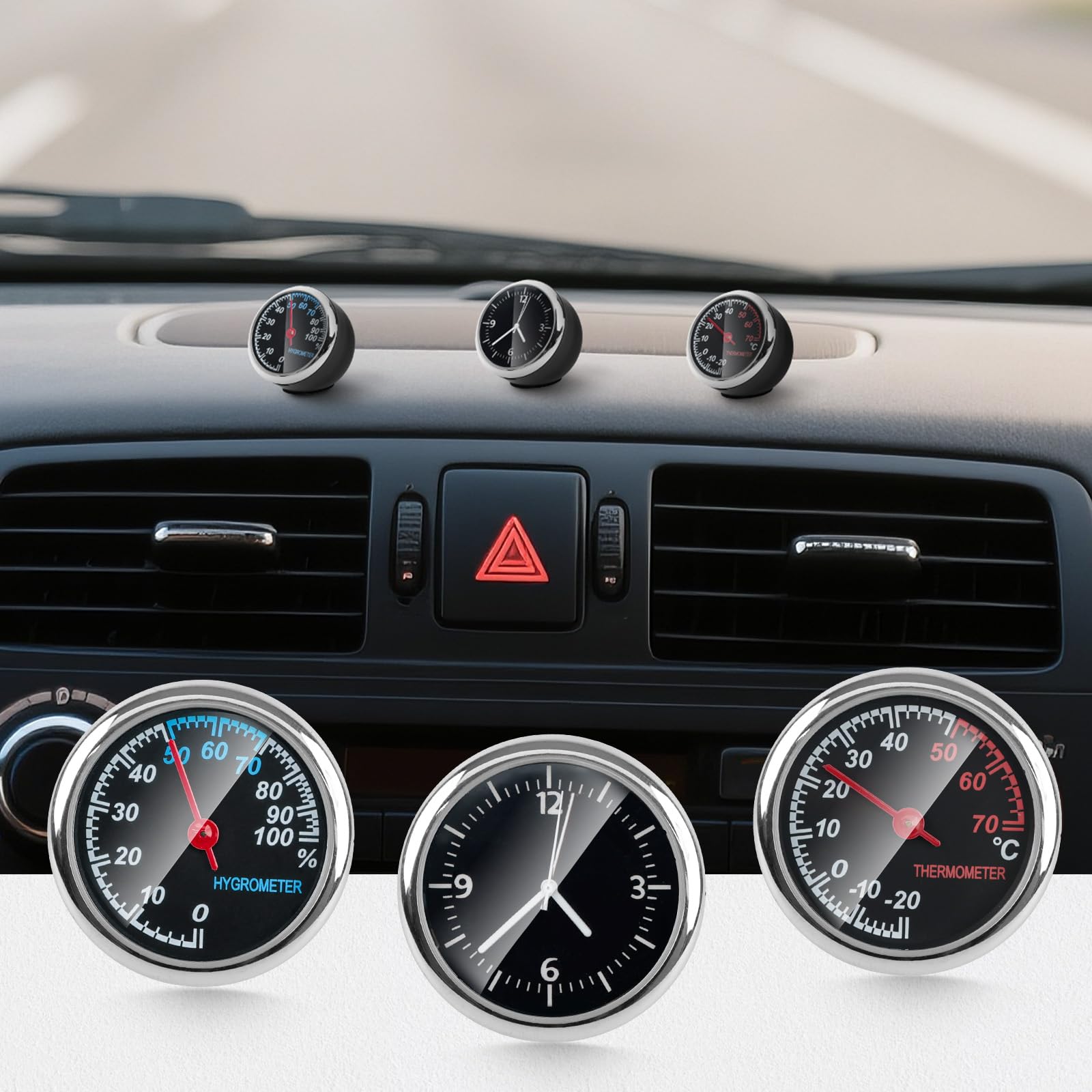 Riloer Elektronische Auto-Uhr mit Zifferblatt + Thermometer + Hygrometer 1 Set 3 Stück