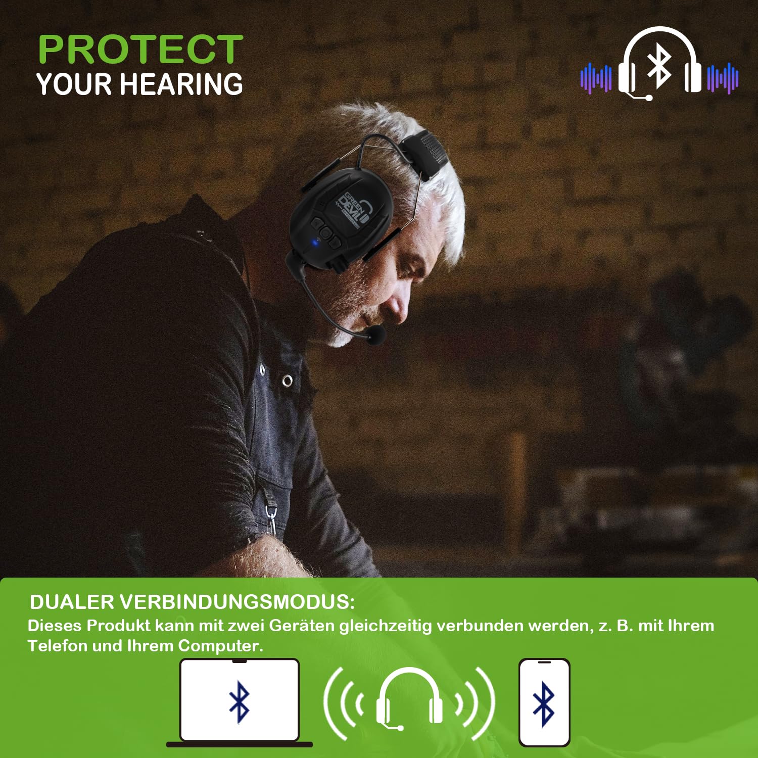 GREEN DEVIL Shield LD Aktiver Gehörschutz - elektronischer Gehörschützer mit Bluetooth 5.3 Technologie Integriertes Mikrofon EN352-konforme SNR 32dB für Mähen und Lärmintensive