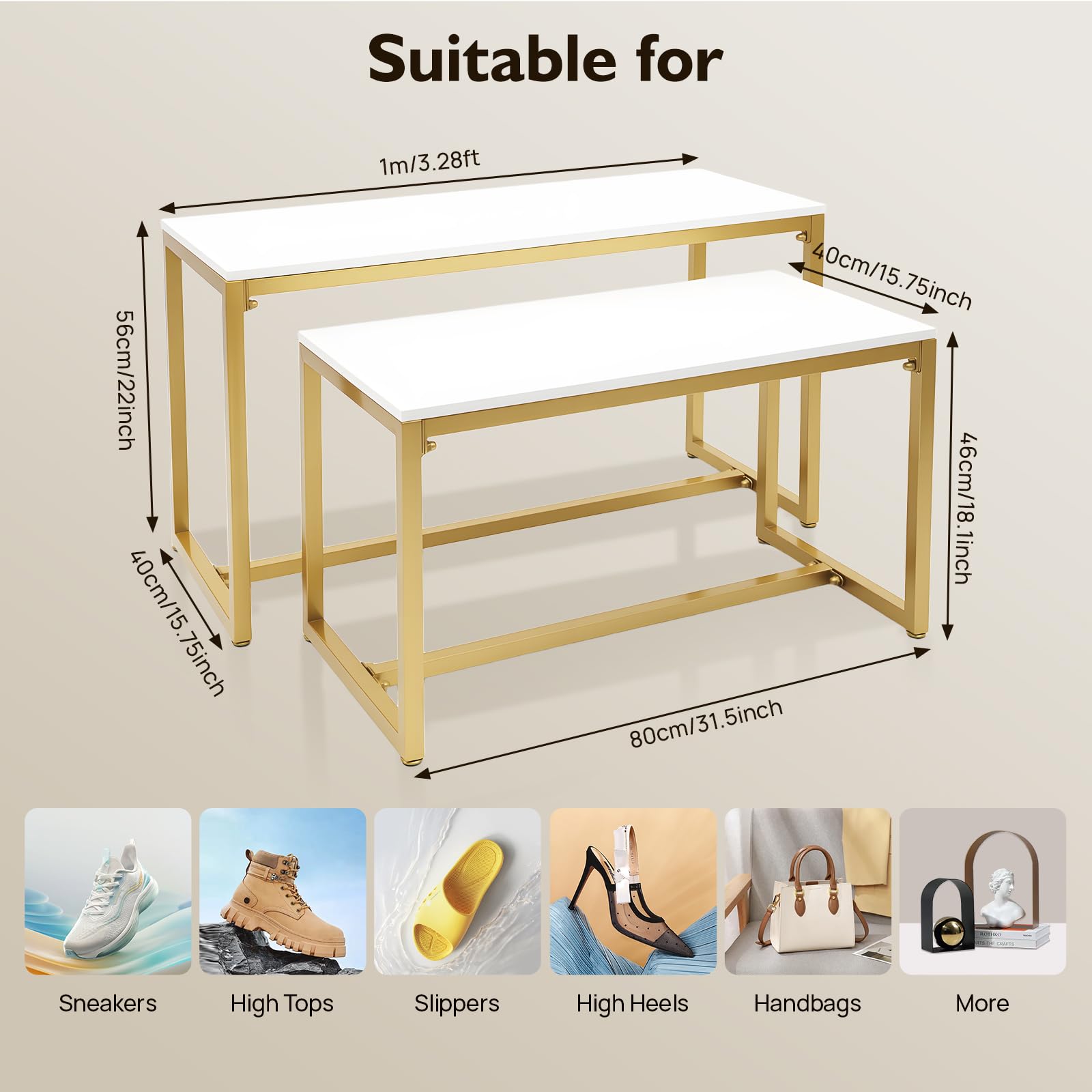 Espositore per negozio bianco dorato per scarpe e borse, in metallo robusto, facile da montare, ideale per soggiorno o ingresso, capacità di carico di 50 kg, 100 x 40 x 56 cm