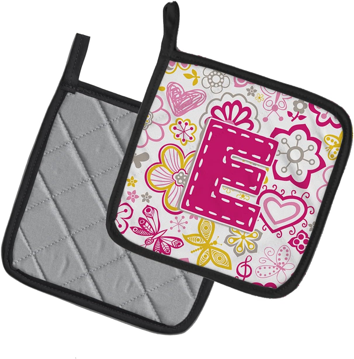 Caroline's Treasures CJ2005-EPTHD Letter E Flowers and Butterflies Pink Pair of Pot Holders Kitchen Heat Resistant Pot Holders Sets Oven Hot Pads for Cooking Baking BBQ, 7 1/2 x 7 1/2