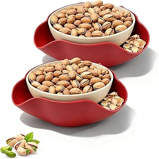 2 Pcs Pistachio Bowl, Nut Bowl, Double Dish Snack Serving Bowl with Shell Storage for Pistachios, Peanuts, Fruit & Snacks - Send Goods from Local Warehouse (Red)