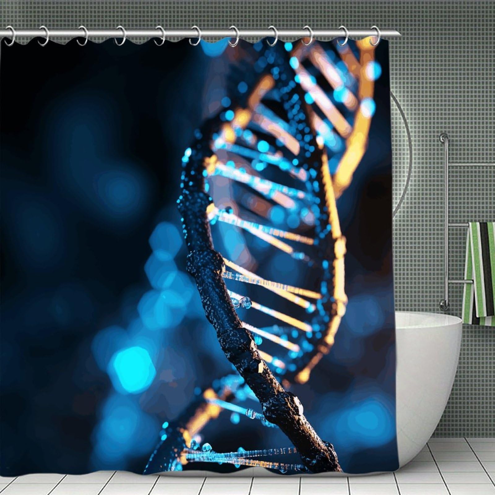 FekiLoot Blue and Black DNA Shower Curtain with Hooks Modern Farmhouse Bathroom Curtain Waterproof Cloth Bath Curtains Cute Washable Blackout Privacy Curtains for Bathroom Bathtub 70.8"x70.8"