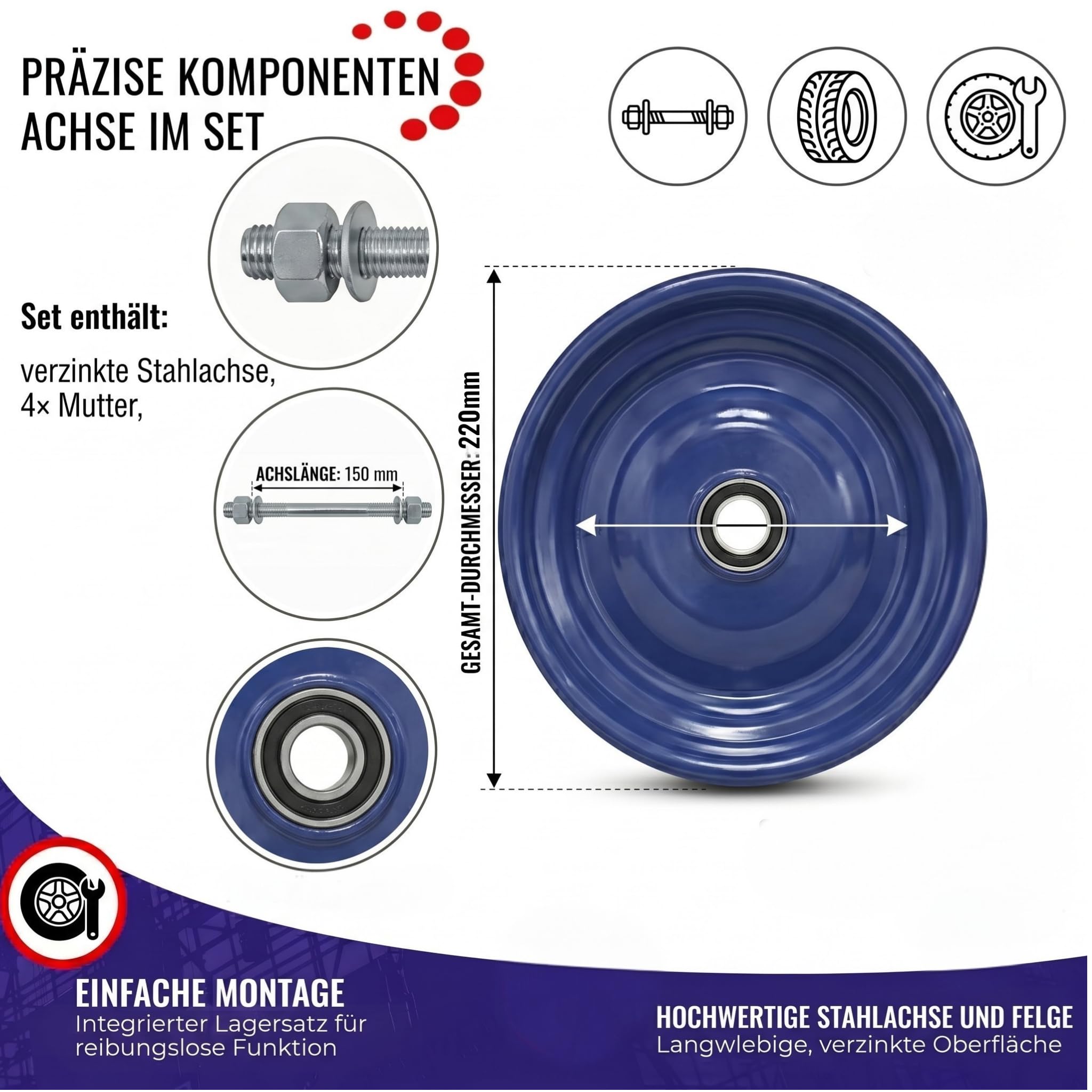 Chle-Mar – 2x Koło do taczki 4.80/4.00-8 z osią | Pneumatyczne opony do taczki ze stalową felgą i łożyskami kulkowymi | Koła do taczek | Koła zapasowe do ogrodu, gospodarstwa i na budowę