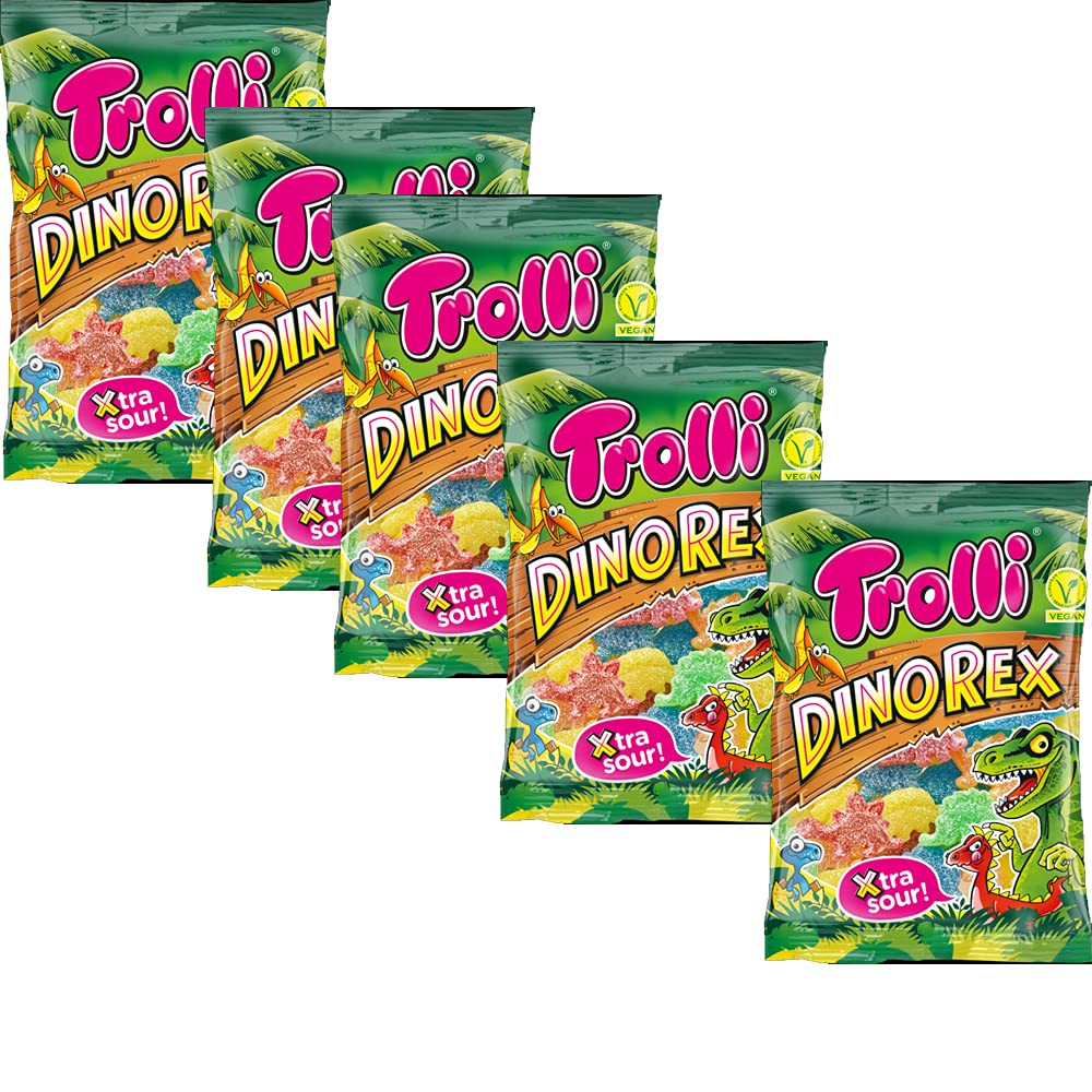 5 x TROLLI Dino REX Xtra Sour Sweets Party Bags 200g
