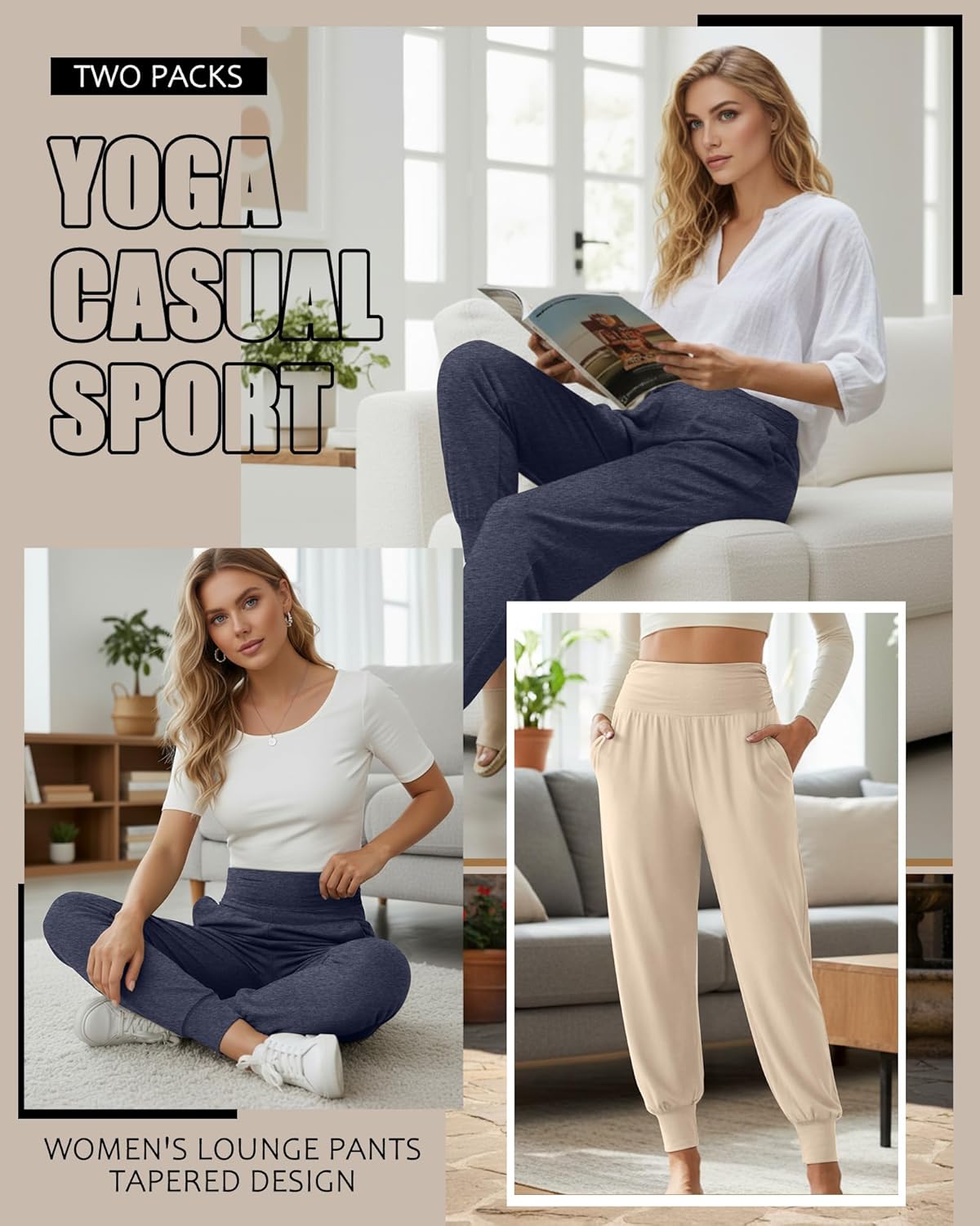 Locoowai 2 Pack Women's Yoga Joggers, Cozy Sweatpants with Pockets Casual Loose Comfy High Waisted Lounge Pants