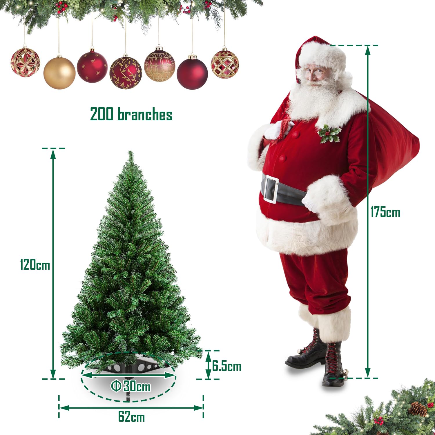 Sapin De Noël Artificiel 120 Cm Vert - 200 Pointes PVC, Montage Rapide, Résistant Au Feu - Avec Support - 6
