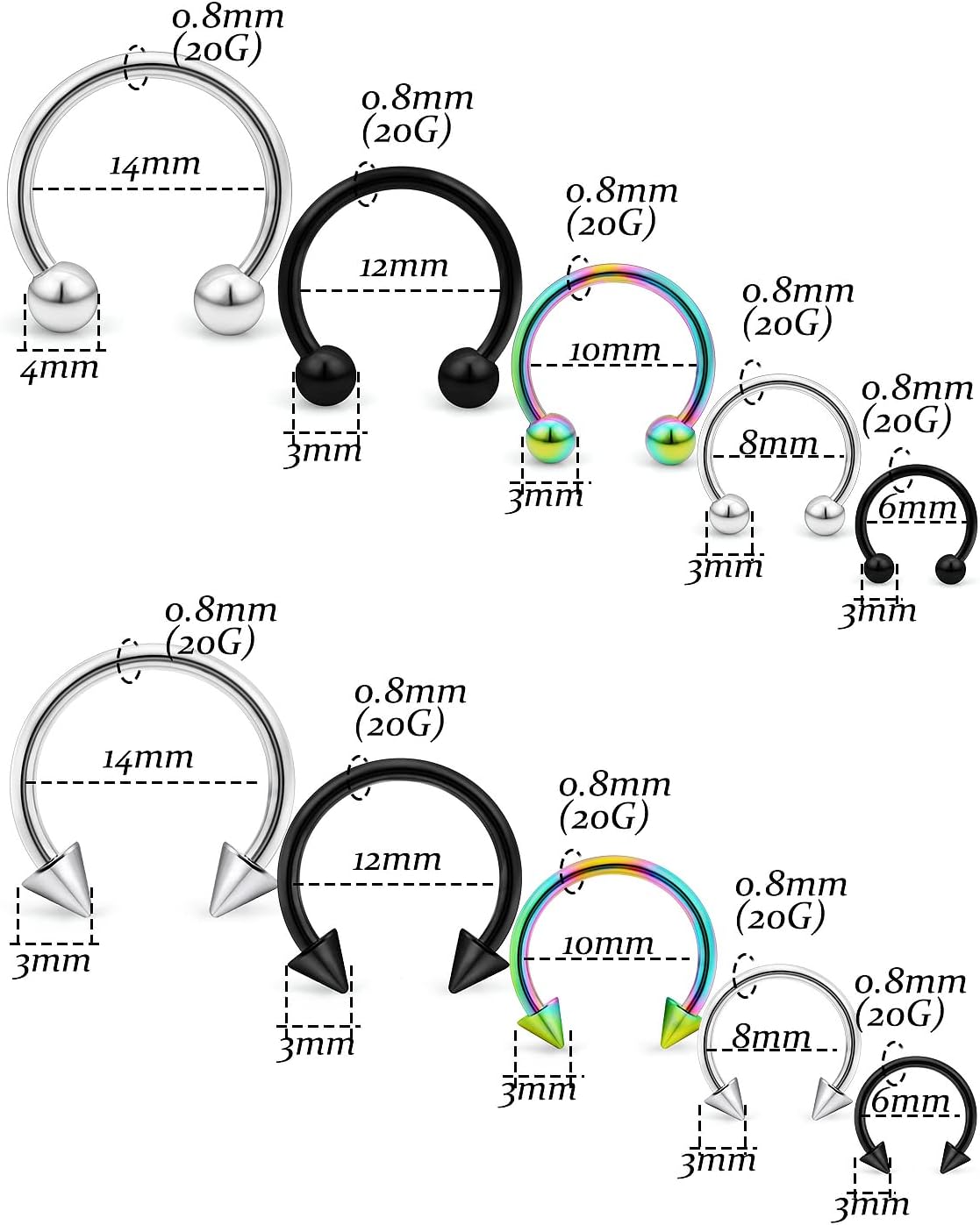 Vsnnsns 14G-16G-20G Septum & Nose Rings - Surgical Steel Piercing Jewelry: Horseshoe, Snake Bite, Smiley, Daith Rook Earrings for Women & Men - 6MM-16MM - 30PCS - Image 2