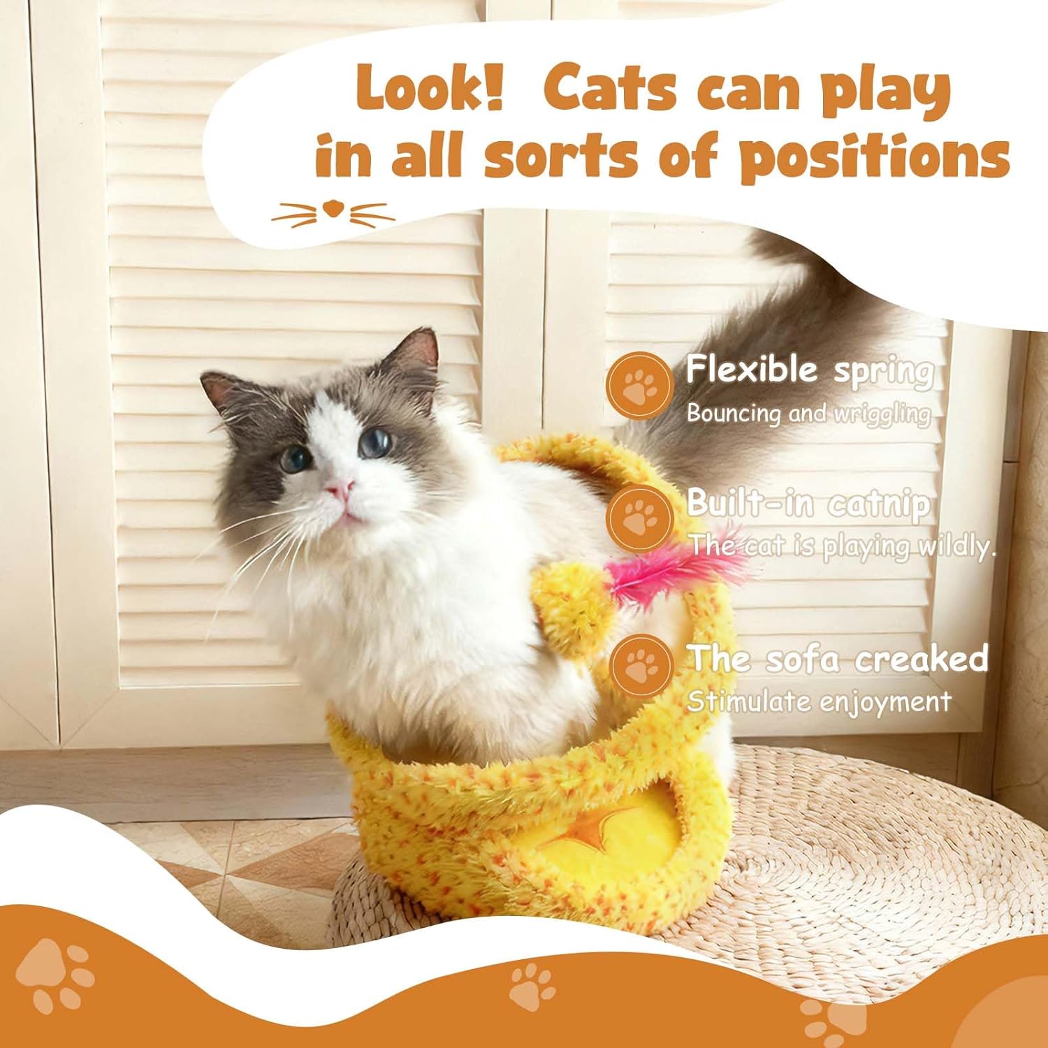 Cat Toy Indoor Cat: Cat Springs Snake Toy with Catnip - Interactive Toy with Rattling Stones & Rustling Sounds, Quirky Shapes for All Breeds to Play Alone (Yellow)