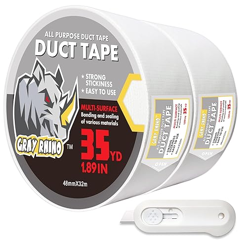 GRAY RHINO Cinta adhesiva blanca resistente al agua de 1.88 pulgadas, 105 pies35 yardas, paquete de 2 cintas adhesivas resistentes y desgarrables
