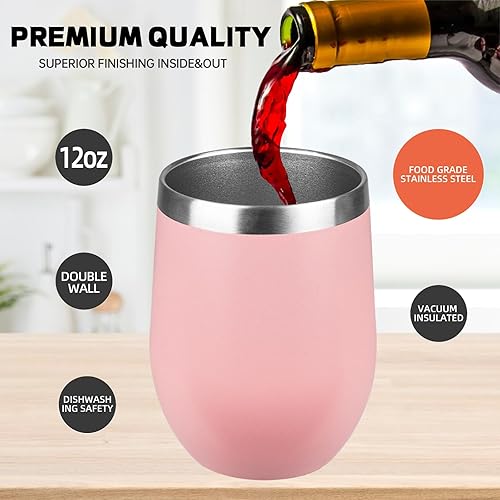 Miniatura 3 de Paquete de 12 vasos de vino de acero inoxidable con tapa. Vaso de vino aislado de doble pared sin tallo de 12 onzas. La copa de vino es adecuada