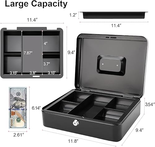 Miniatura 2 de Jssmst Caja de Efectivo Grande con Cerradura de Llave - Caja de Efectivo de Metal Duradera con Bandeja para Dinero, 11.81 x 9.84 x 3.46 pulgadas