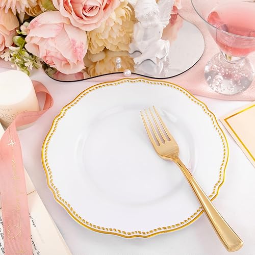 Miniatura 24 de Hioasis 60 platos de plástico dorados, vajilla desechable blanca y dorada con borde dorado, resistente, 10.25 pulgadas, platos llanos para fiestas