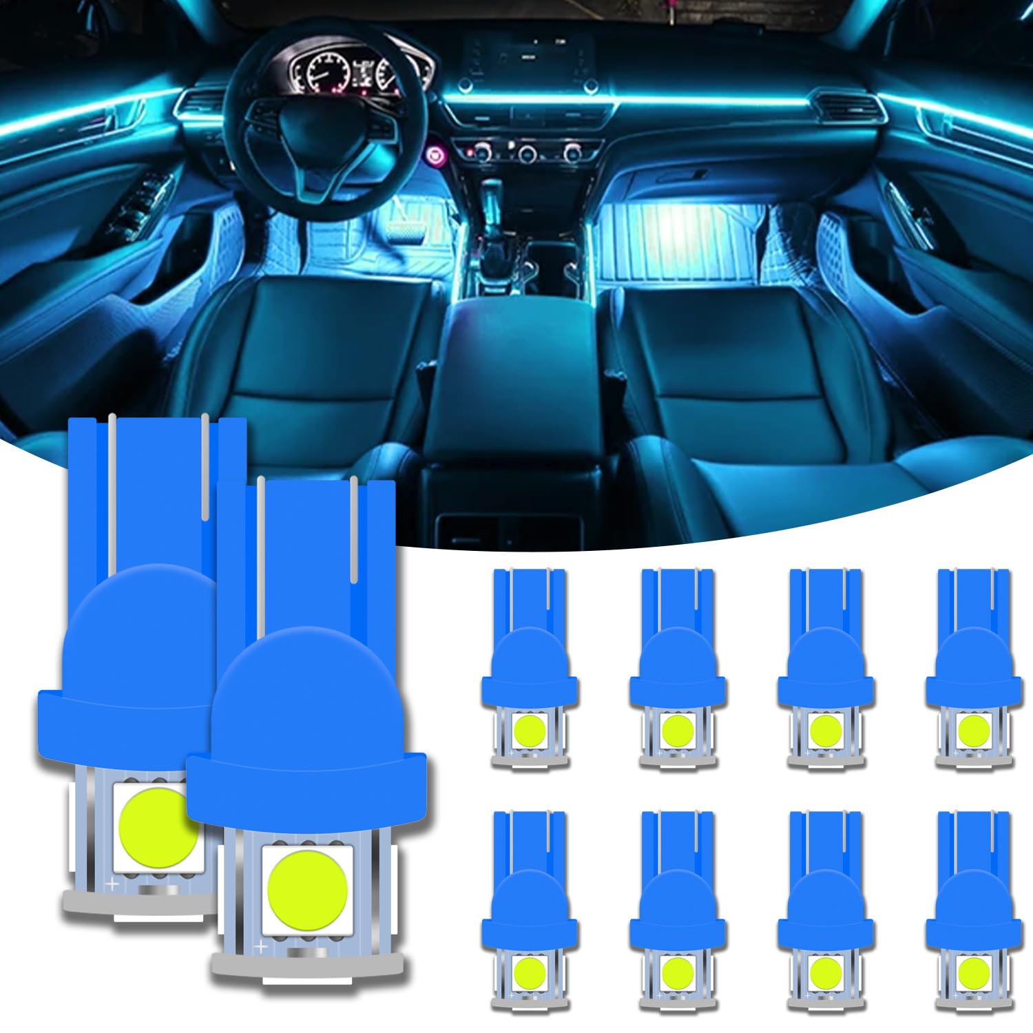 10 PCS 194 T10 LED Bulb, 5050 5SMD Chips LED License Plate Light Bulbs, 6000K Super Bright Replacement LED Interior Car Lights Bulbs for Dashboard Dome Map Door Dashboard Lights (Blue)