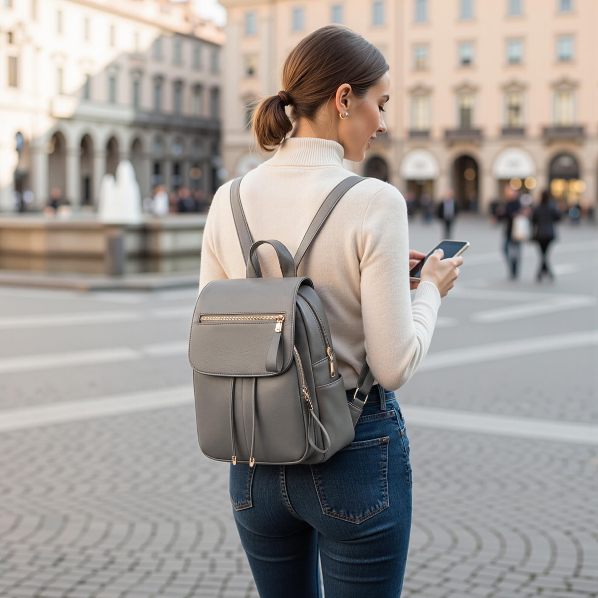 Moda Simple Mochila Mujer Diario Casual Trabajo Mochilas Elegante Bolso De Hombro Viaje Compras Escuela Cuero PU Impermeable Medio Antirrobo Bolso Bolsas De Hombro Gris