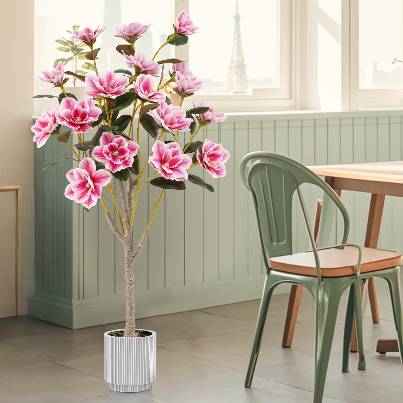GIANTEX Árbol de Magnolia Artificial 130 cm, Planta Falsa en Maceta con Troncos de Múltiples Ramas y Hojas de PEVA, Flores Sintéticos Rosas, Planta Decorativa para Entrada, Salón, Oficina