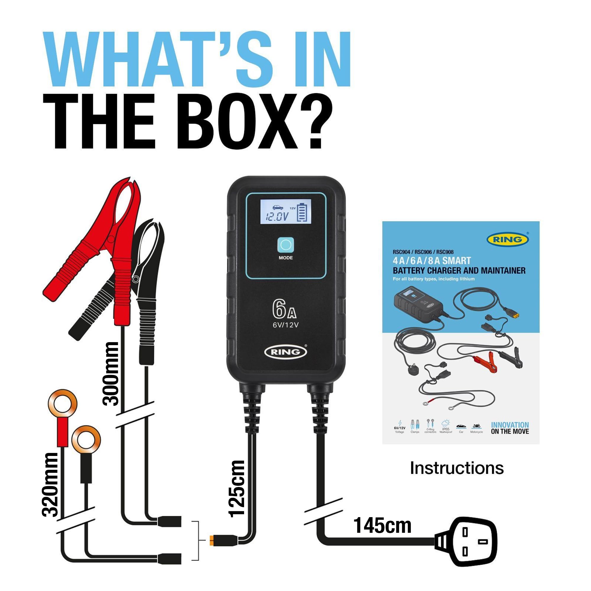 RING SMARTCHARGE - Cargador y mantenedor de Coche 6A con Clips de cocodrilo y Gancho para Colgar Integrado, Compatible con baterías de Iones de Litio, Plomo, ácido, Gel, Calcio, EFB y AGM