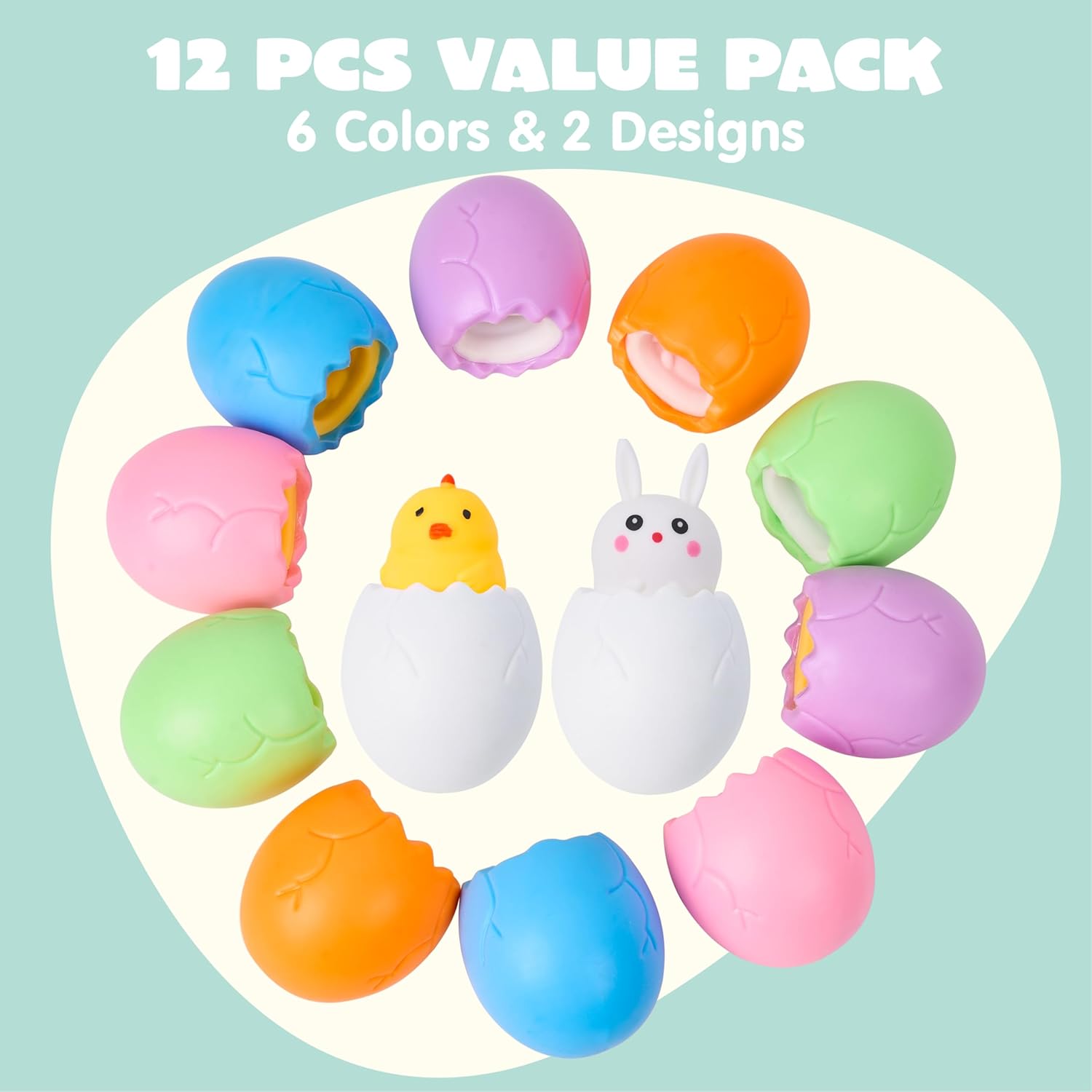 JOYIN 12pcs Easter Eggs Squishy Toy Bunny Chicks, Cute Rabbits,Chicks Hide in Broken Eggs, Squishy Toy Stress Relief Toys for Easter Basket Fillers,Basket Stuffer Filler, Classroom Prize