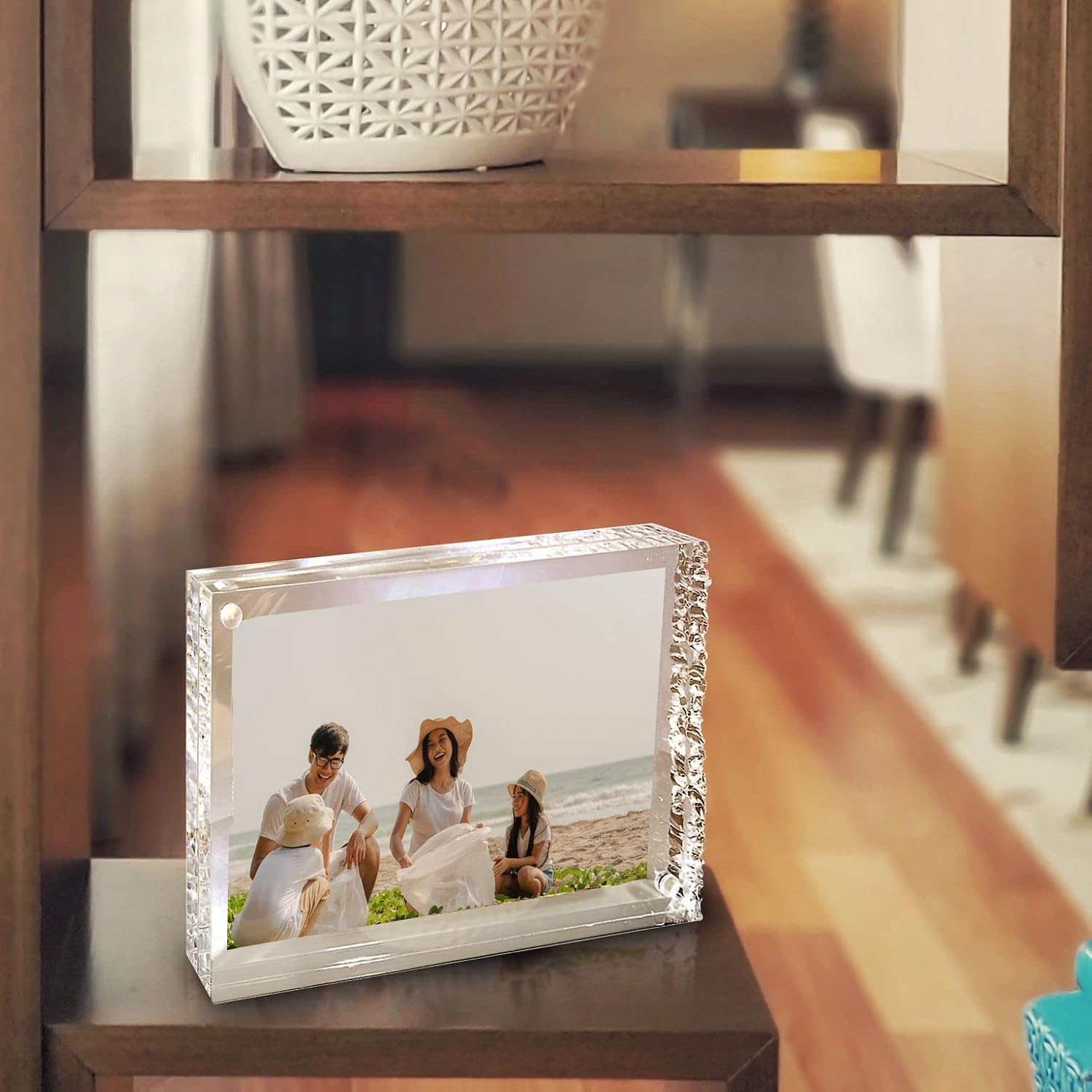 Canetti Crystal Magnet Frame - Double Sided Magnetic Picture Frame - Floating Photo - Unique Crystal Cut Design - Clear Acrylic Picture Display - for Desk, Tabletop or Shelf