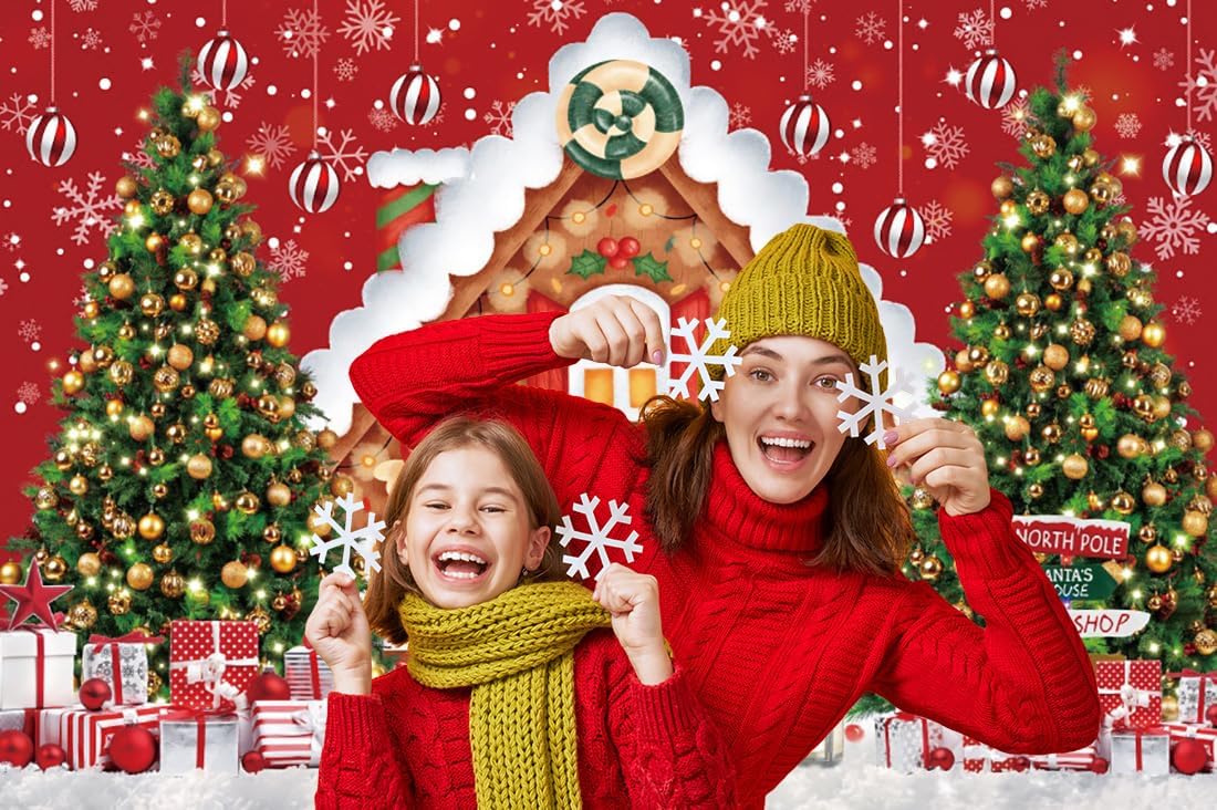 Christmas Gingerbread Backdrop 10x10ft Red Gingerbread House Photo Background for Photography Winter Snow Christmas Tree Candy Backdrop Xmas Holiday Party Decorations Family Photo Shoot Props