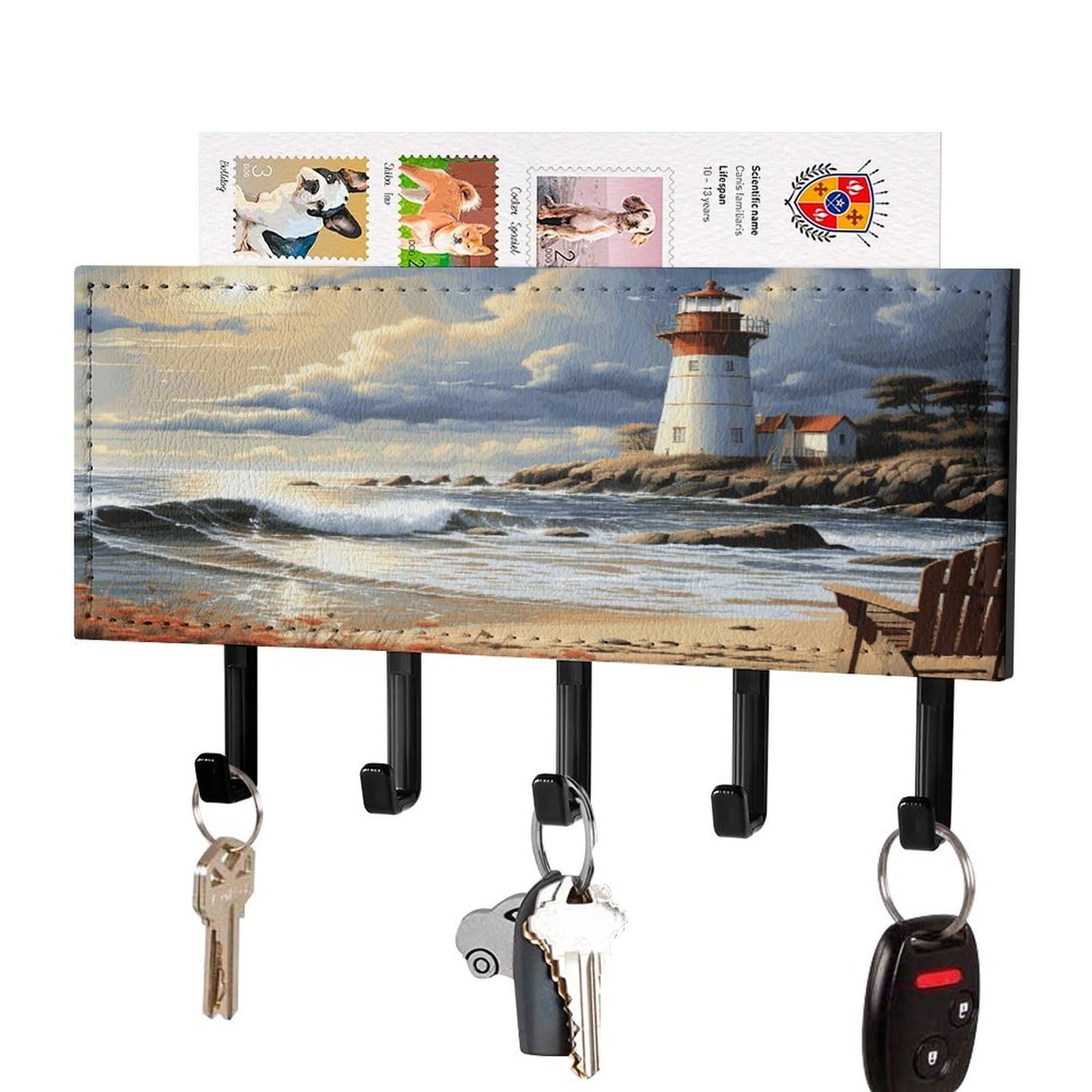 FekiLoot Sea Lighthouse Sandbeach Key Holder for Wall Decorative Mail Organizer with 5 Key Hook Self Adhesive Key Rack with Tray Coat Rack Wall Mount Key Hanger Decor for Entryway Door
