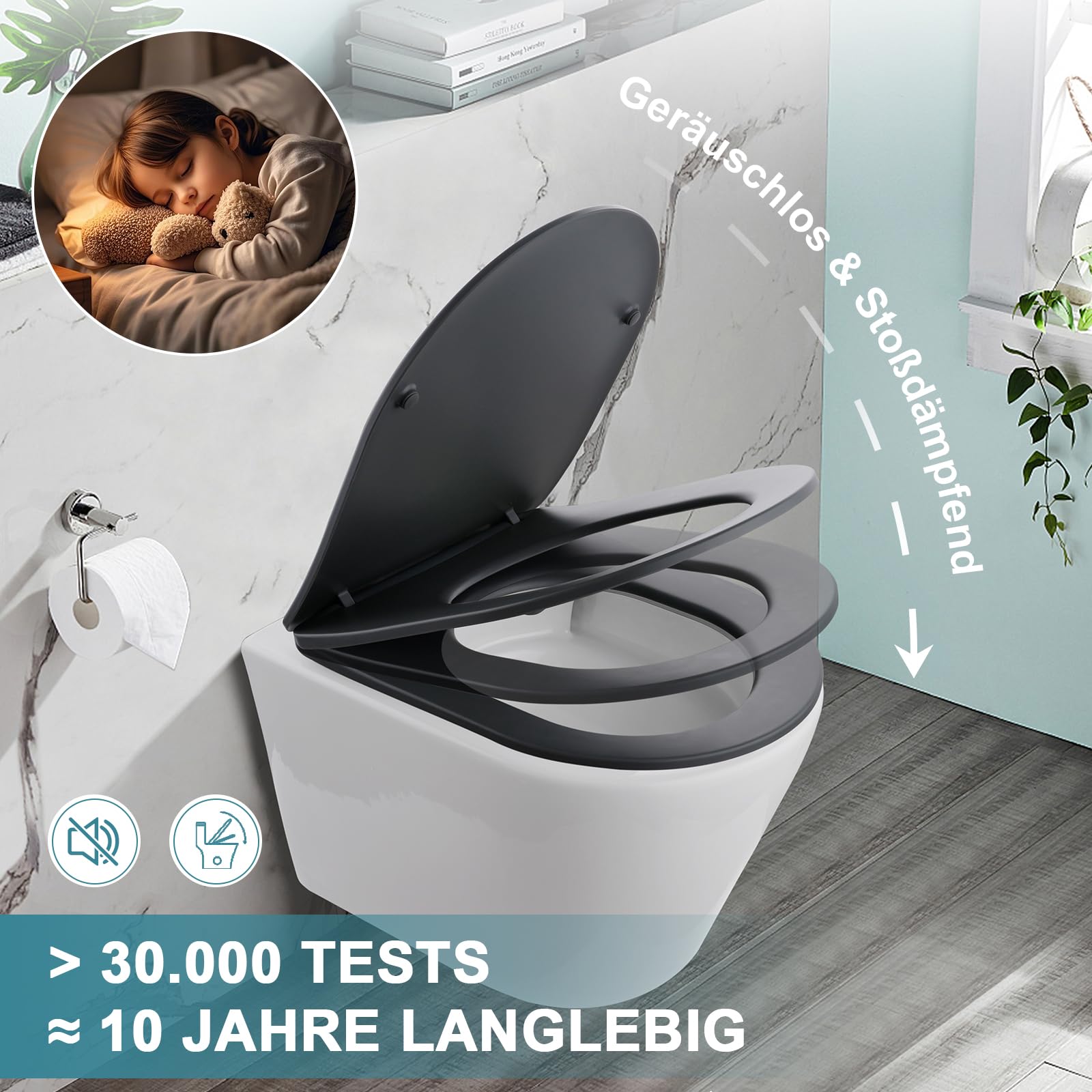 Deska sedesowa w kształcie D, pokrywa toaletowa z mechanizmem powolnego opadania, szara pokrywa klozetowa, deska sedesowa Soft Close, pokrywa WC uniwersalnie kompatybilna, deska sedesowa z