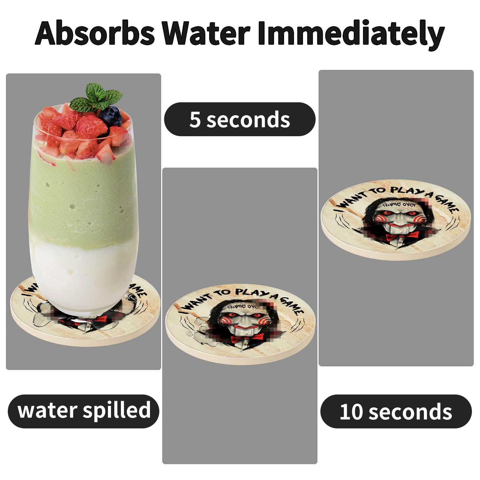 Halloween Horror Coasters for Drinks,6PCS Spooky Coasts Set with Coaste Holder,Stone&Cork Coaster for Coffee Table,Scary Killer for Home Decor,Merchandise Show Gifts