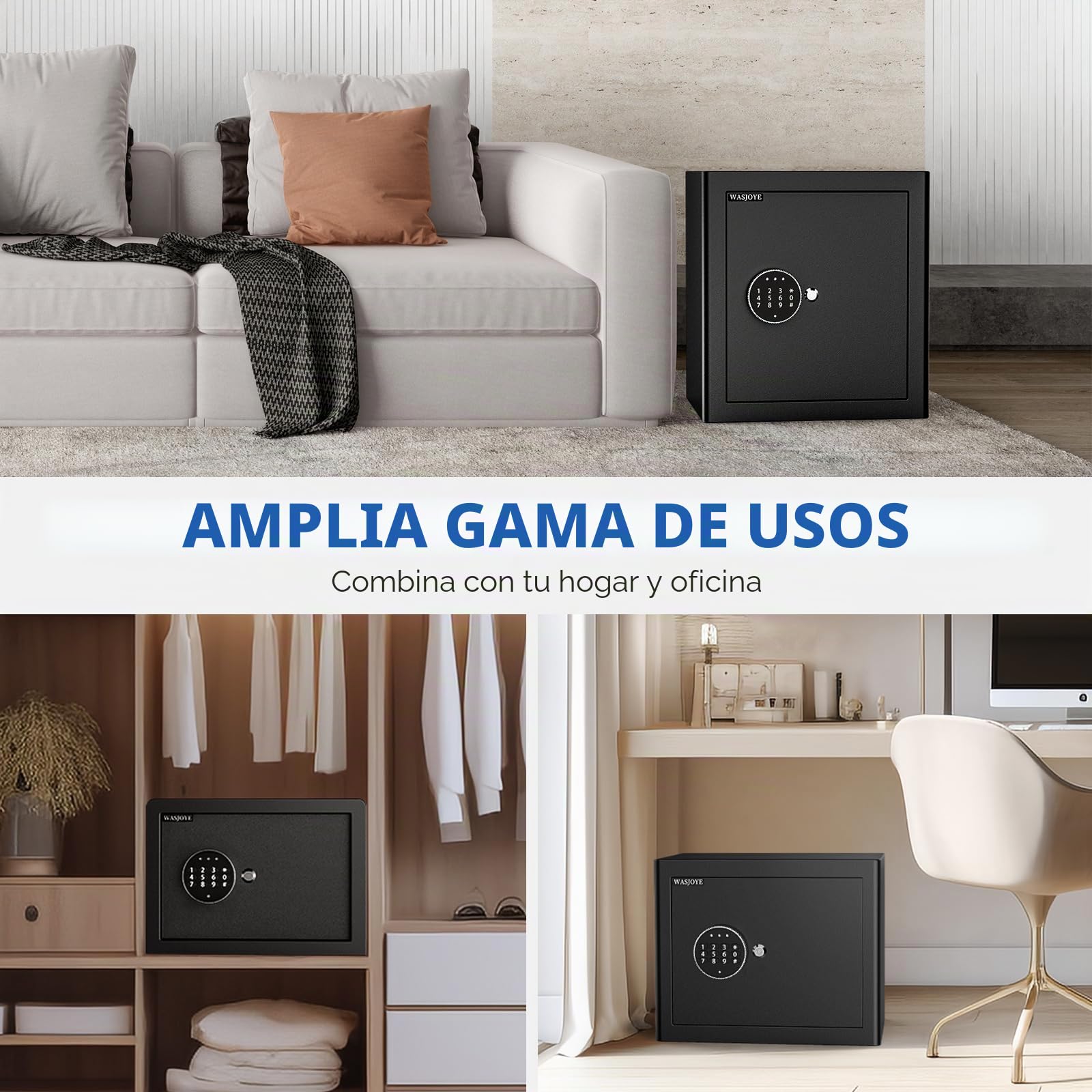 WASJOYE Caja Fuerte Convencionale para el Hogar, Teclado de Seguridad Electrónico Digital Caja Fuert Grande, Caja Fuert con Cerradura de Llave para el Hotel, Oficina, Dinero, Pistola, Joyería, 42L